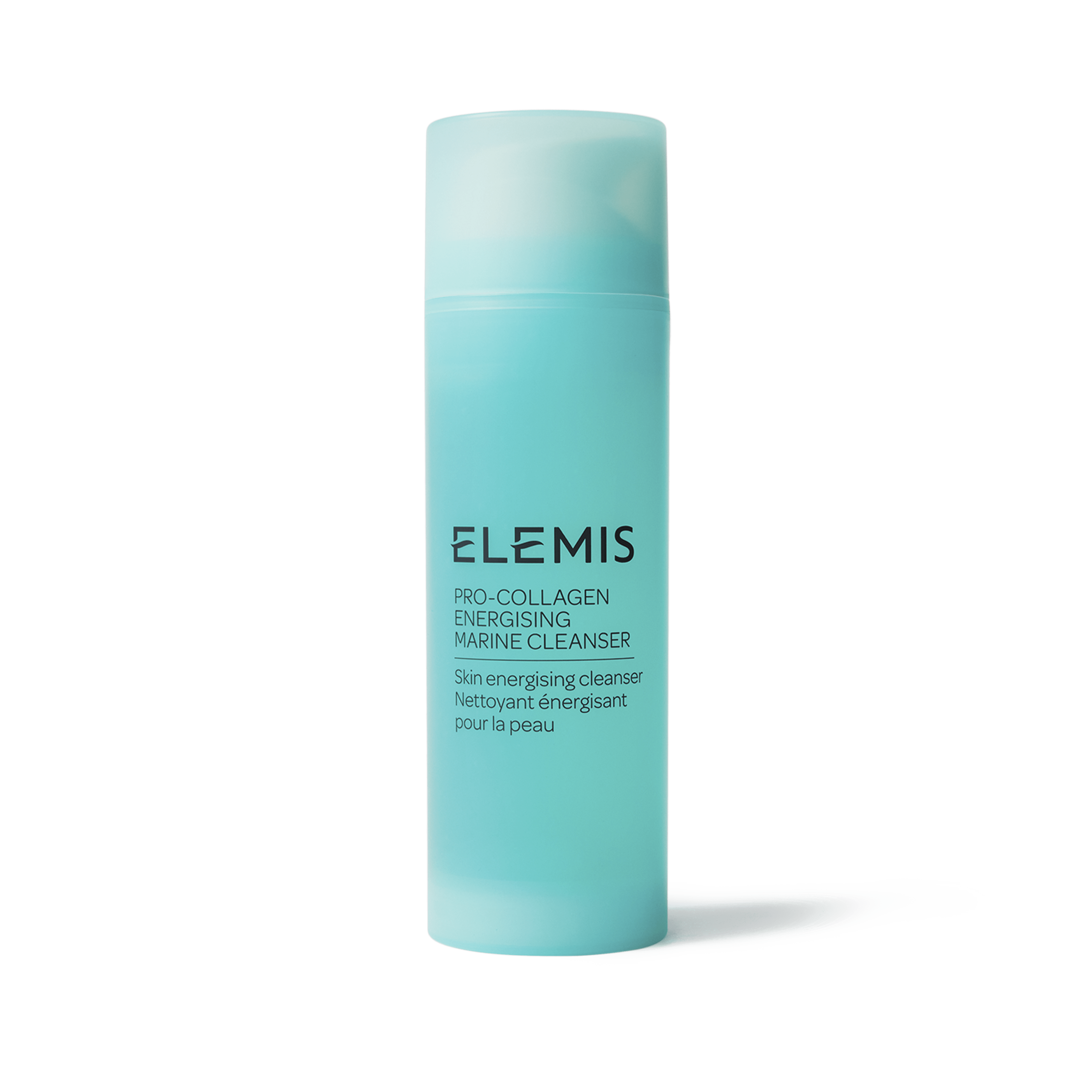ELEMIS Pro-Collagen Energising Marine Cleanser in a tall turquoise bottle with frosted cap, standing on a plain background, labelled as a skin energising cleanser in English and French.