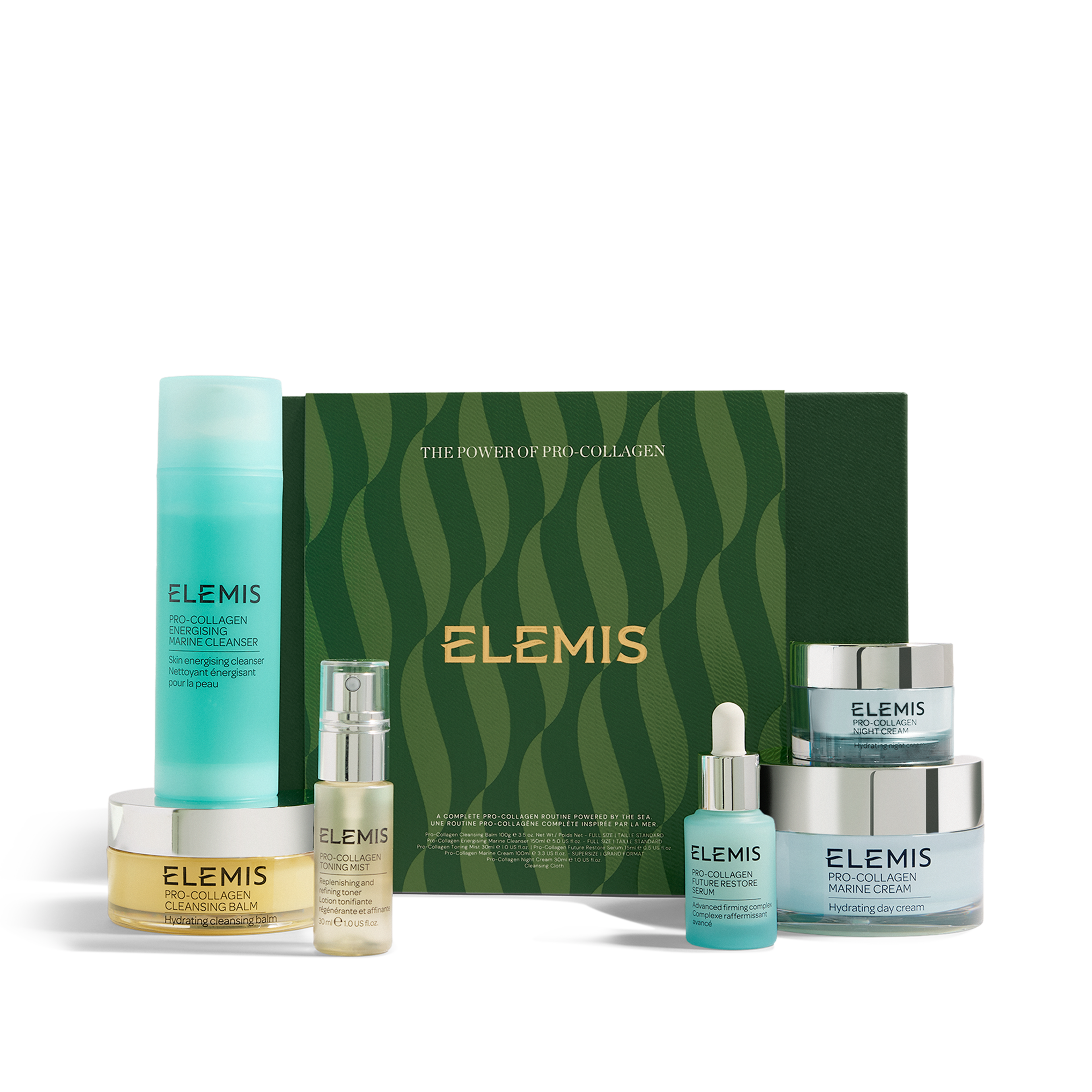 ELEMIS Pro-Collagen skincare gift set with green patterned box reading "THE POWER OF PRO-COLLAGEN" and "ELEMIS", surrounded by full-size and mini products including cleansing balm, marine cleanser, face oil, serum and marine cream jars in aqua and gold packaging.