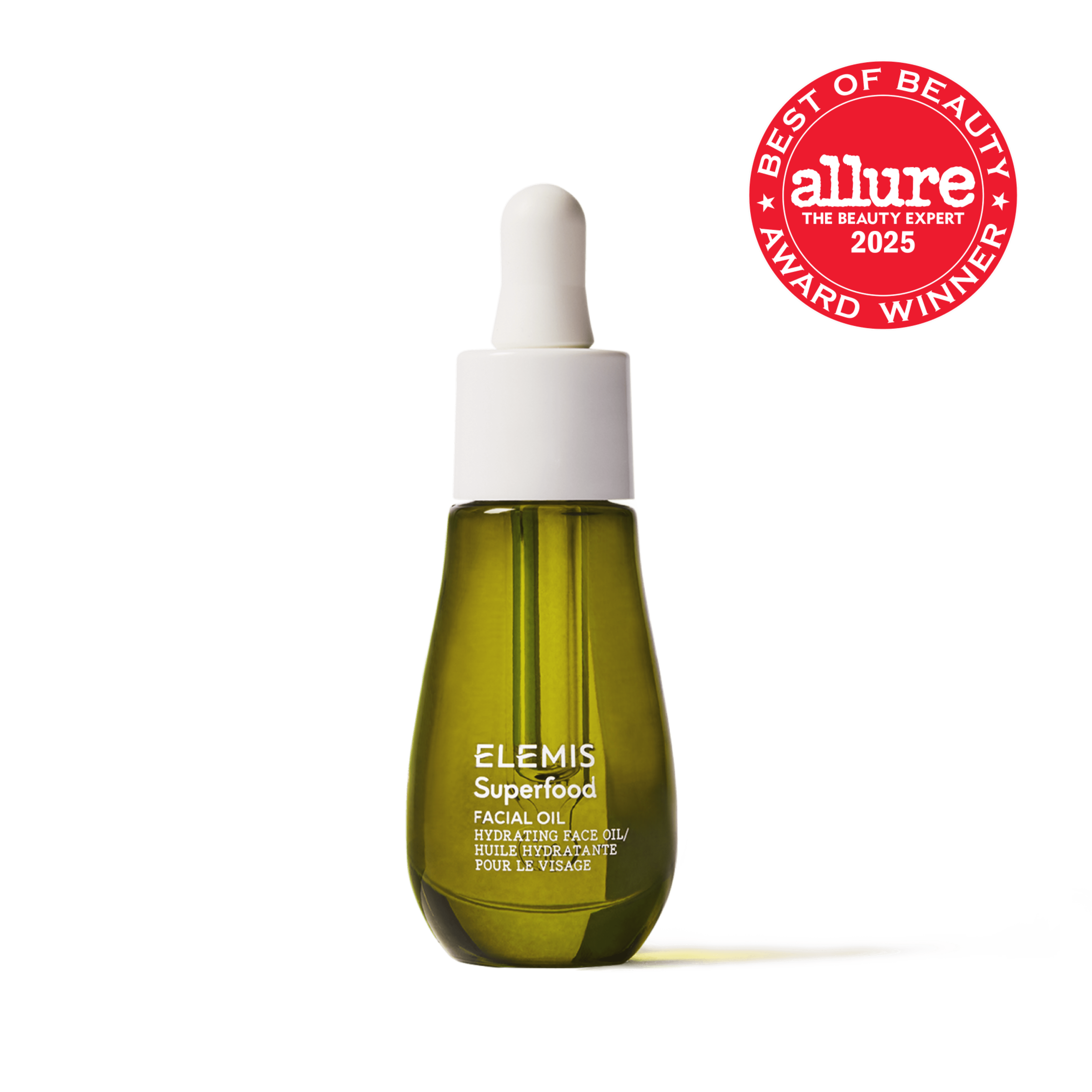 ELEMIS Superfood Facial Oil in a green glass dropper bottle on a white background, labelled as hydrating face oil. A red circular badge beside it reads “allure Best of Beauty Award Winner 2025”.