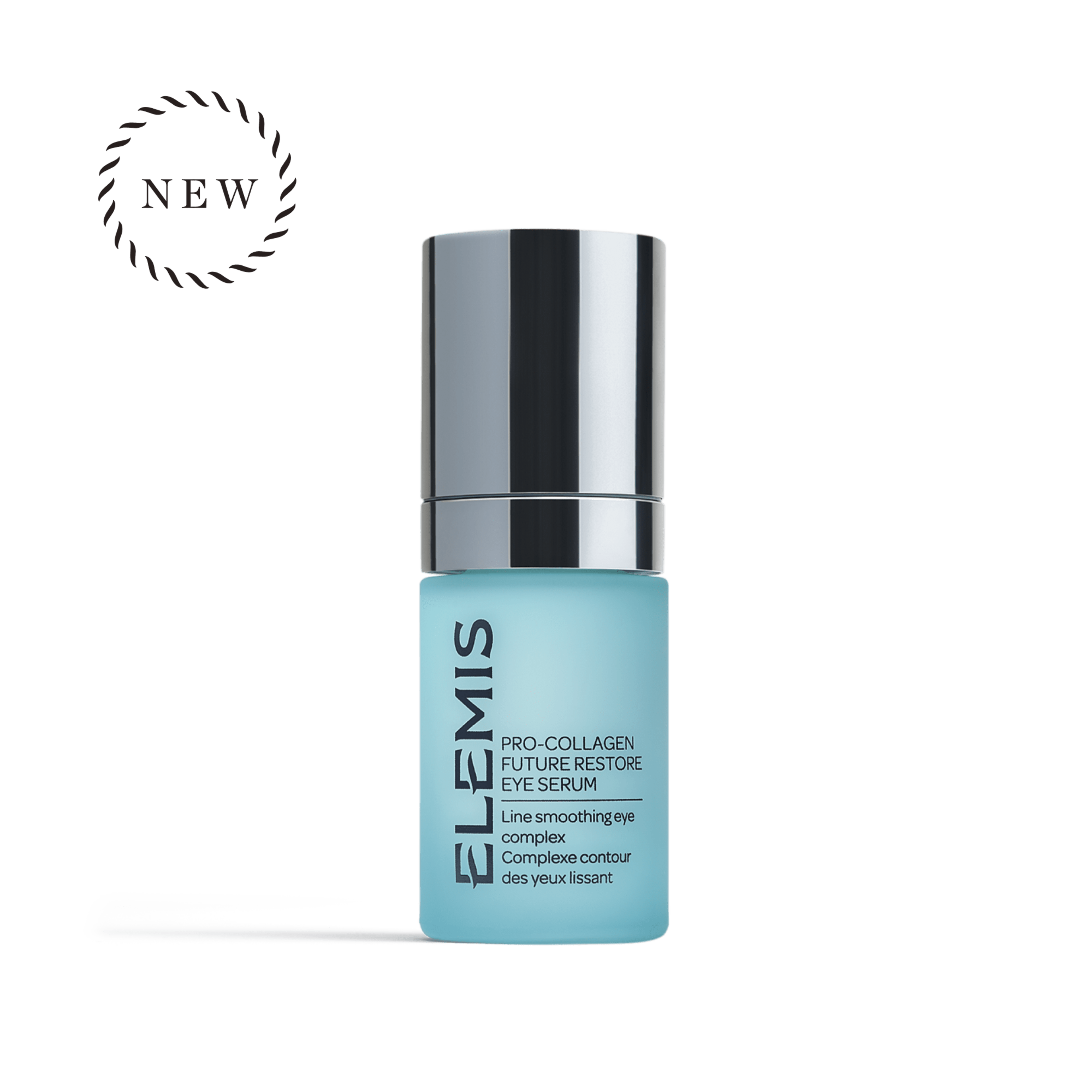 ELEMIS Pro-Collagen Future Restore Eye Serum bottle with silver cap on a plain background, shown with a "NEW" label in the top left corner.