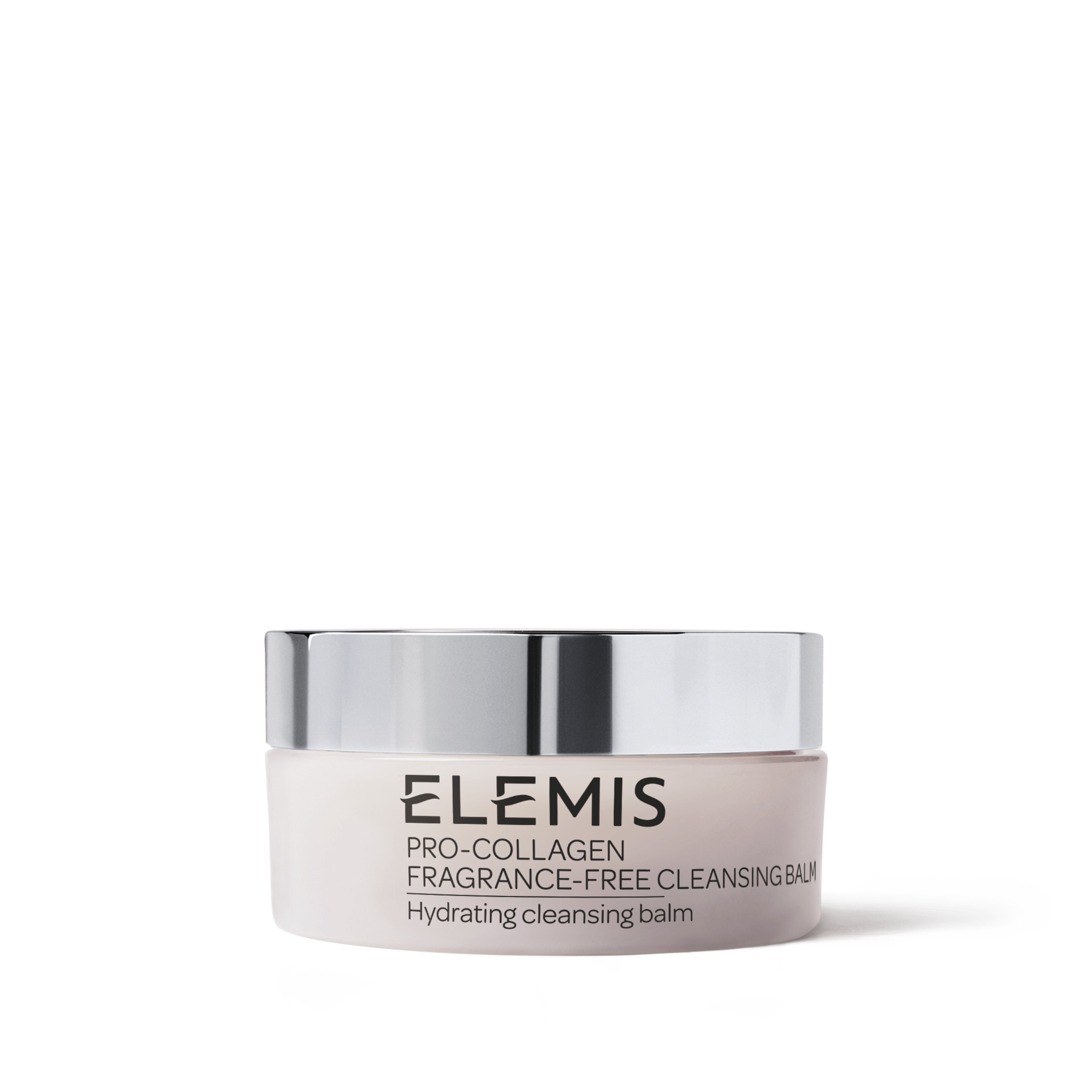 ELEMIS Pro-Collagen Fragrance-Free Cleansing Balm jar with silver lid on a white background, labelled as a hydrating cleansing balm.