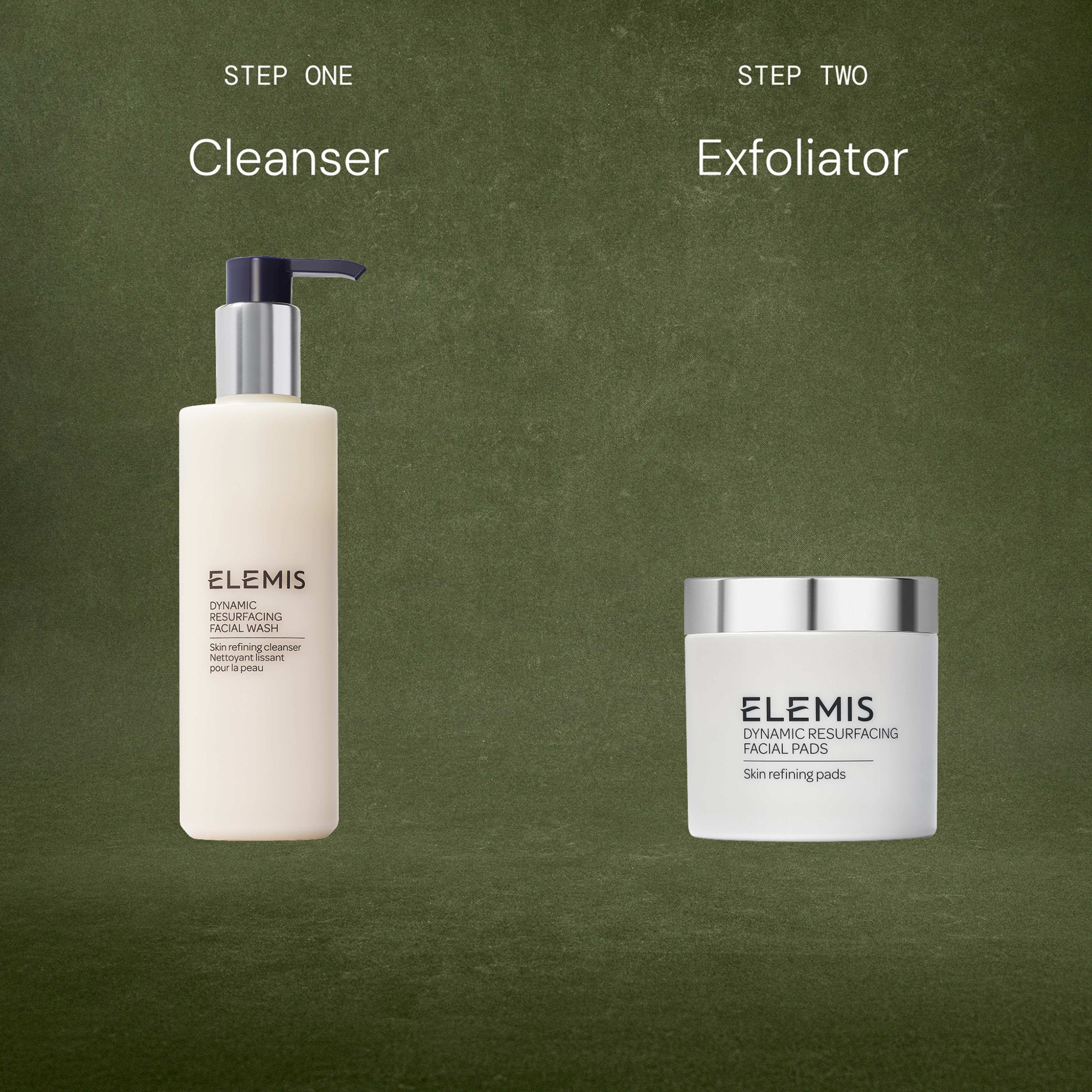 ELEMIS skincare routine steps on a green background: Step one cleanser, ELEMIS Dynamic Resurfacing Facial Wash bottle on the left; step two exfoliator, ELEMIS Dynamic Resurfacing Facial Pads jar on the right.