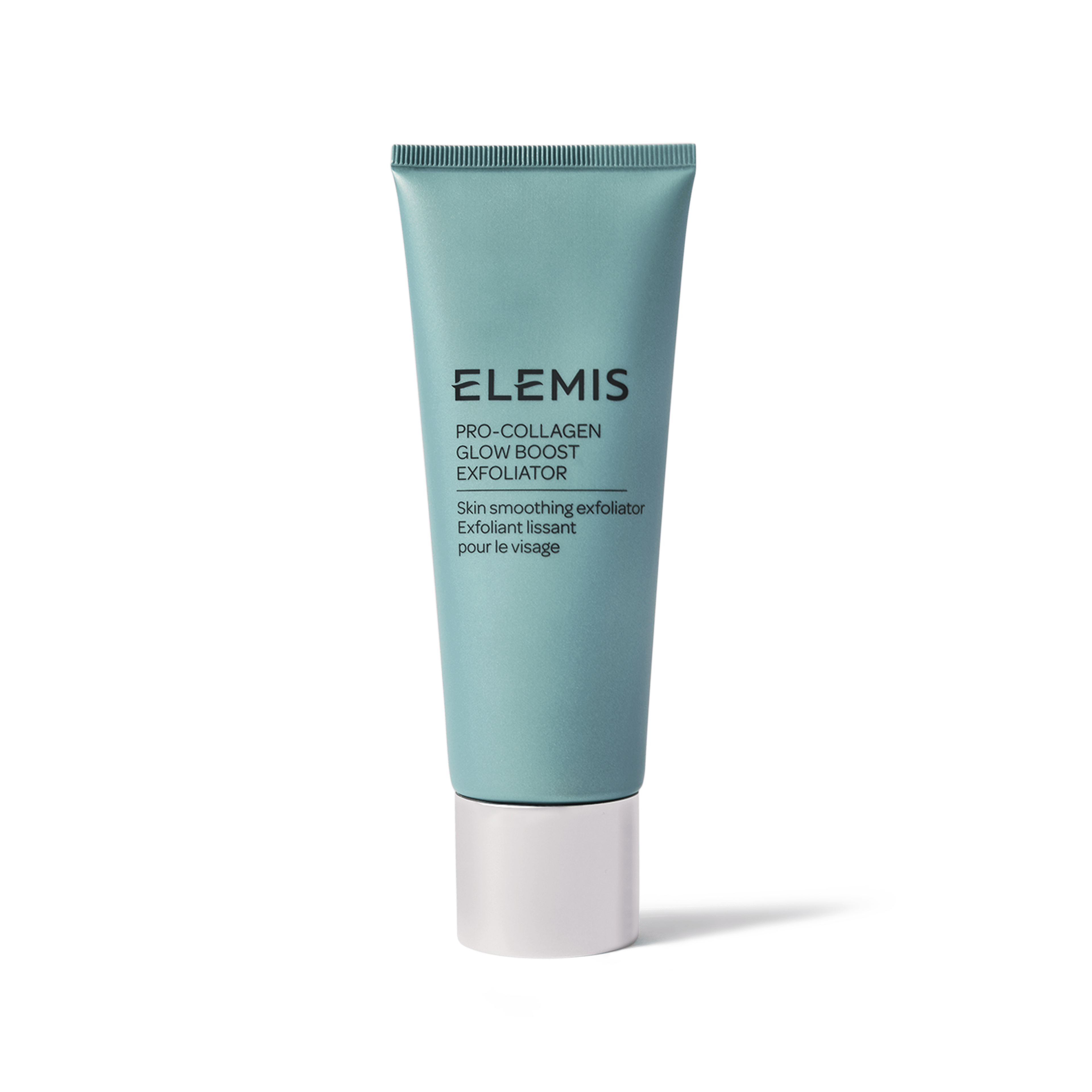 ELEMIS Pro-Collagen Glow Boost Exfoliator in a teal squeeze tube with white cap, labelled as a skin smoothing exfoliator for the face.