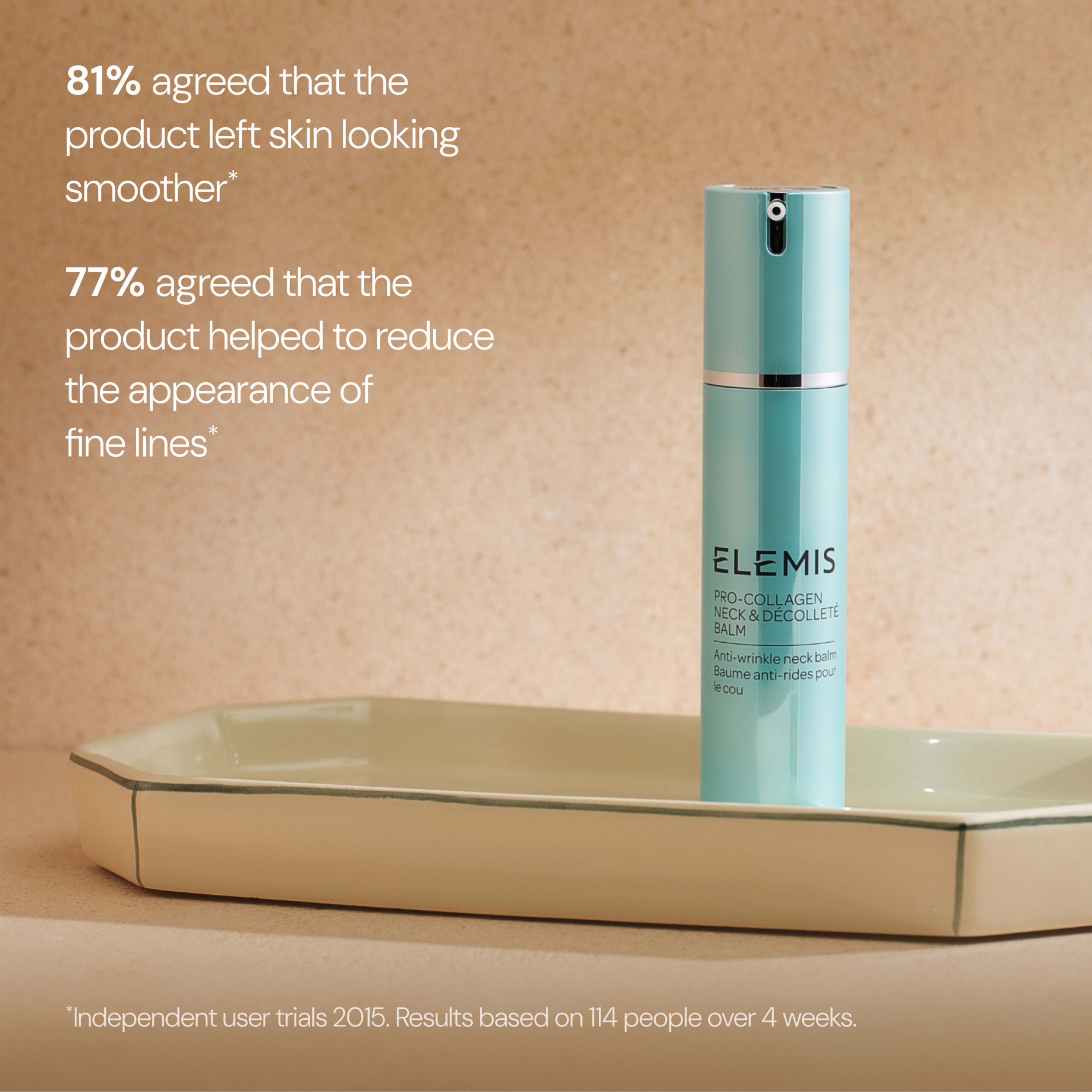 ELEMIS Pro-Collagen Neck & Décolleté Balm standing on a ceramic tray against a neutral background, with text stating “81% agreed that the product left skin looking smoother” and “77% agreed that the product helped to reduce the appearance of fine lines”.