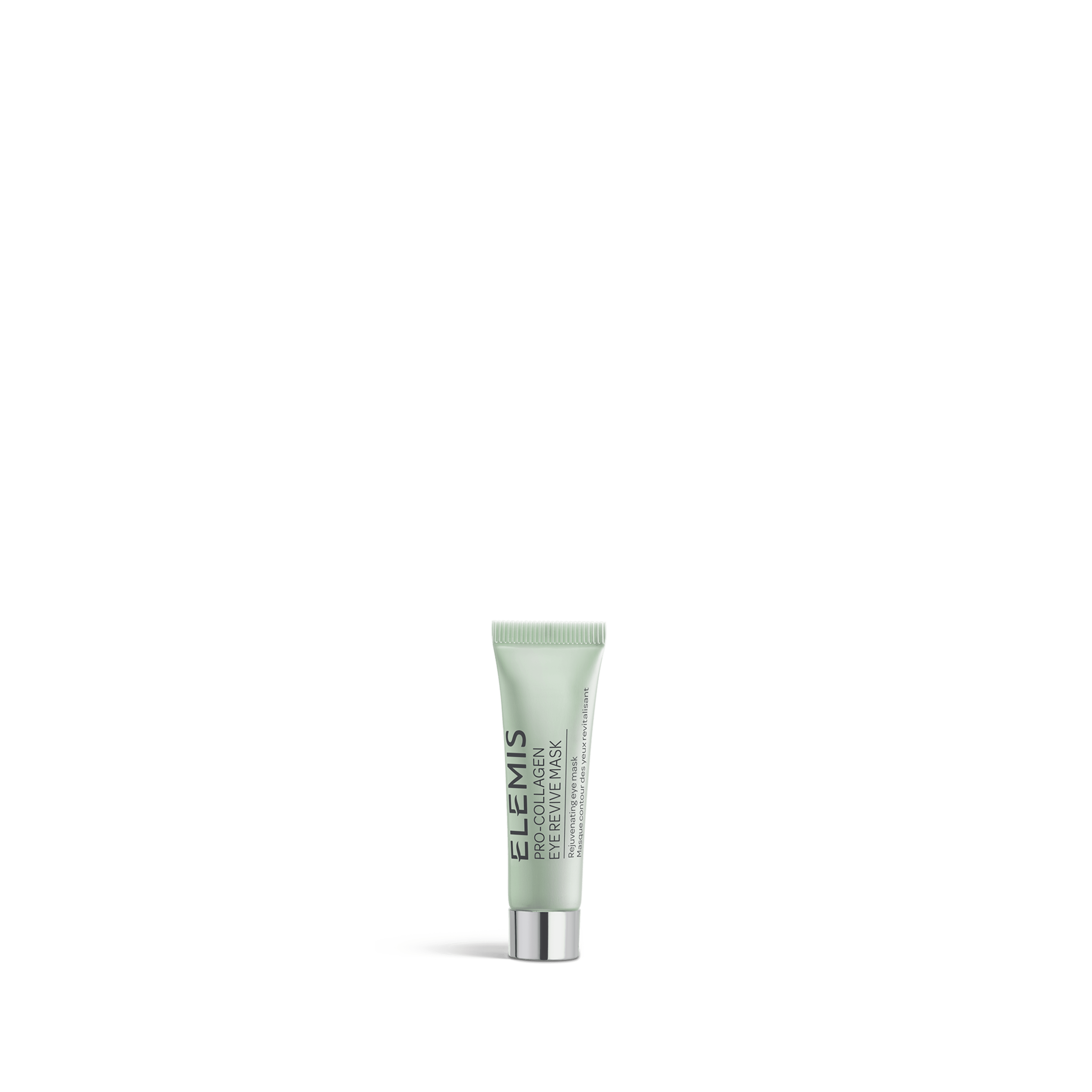 ELEMIS Pro-Collagen Eye Revive Mask in a small mint green tube with silver cap, standing upright on a plain green background.
