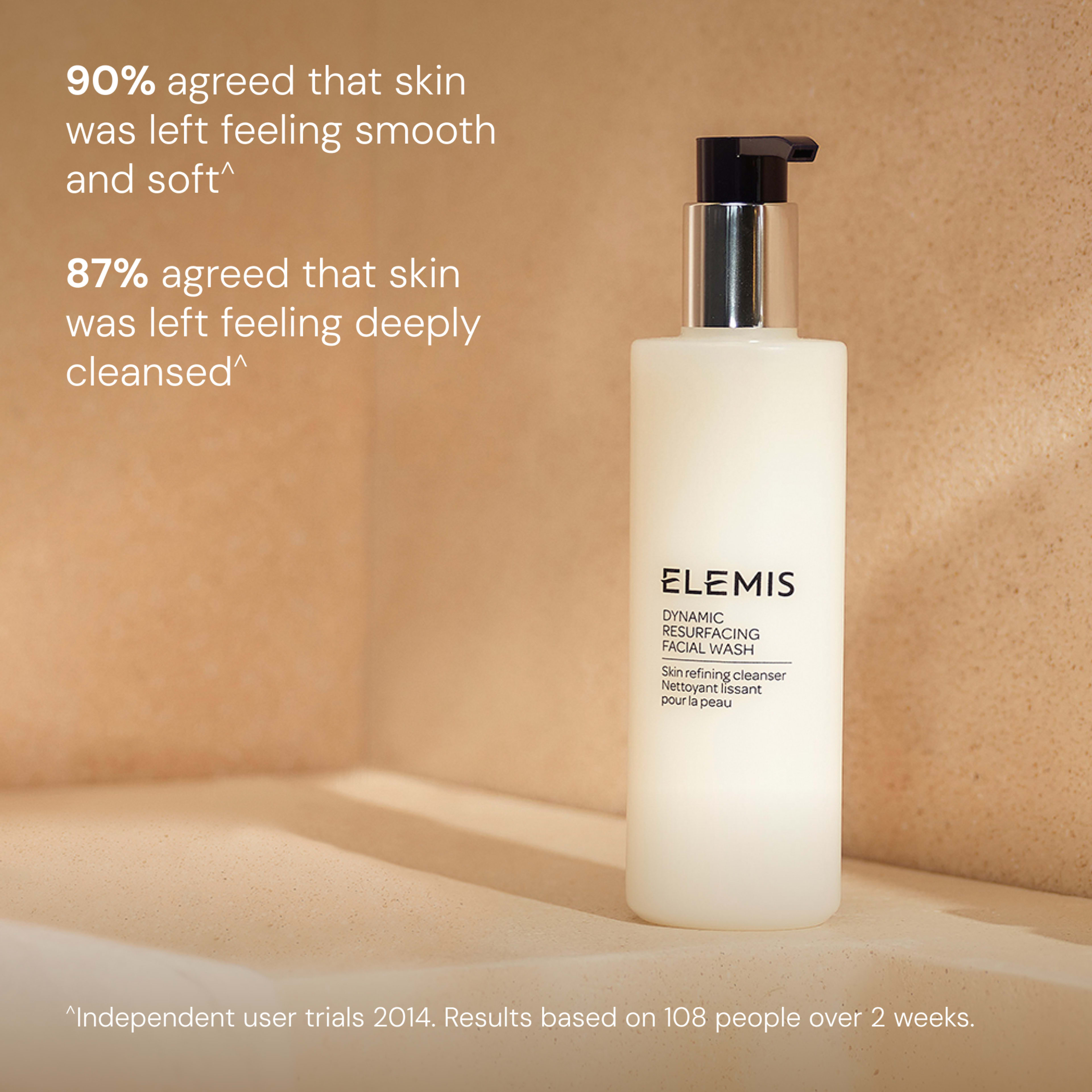 ELEMIS Dynamic Resurfacing Facial Wash bottle on a beige bathroom surface with text claims: “90% agreed that skin was left feeling smooth and soft” and “87% agreed that skin was left feeling deeply cleansed.” Small print notes independent user trials, 108 people over 2 weeks.