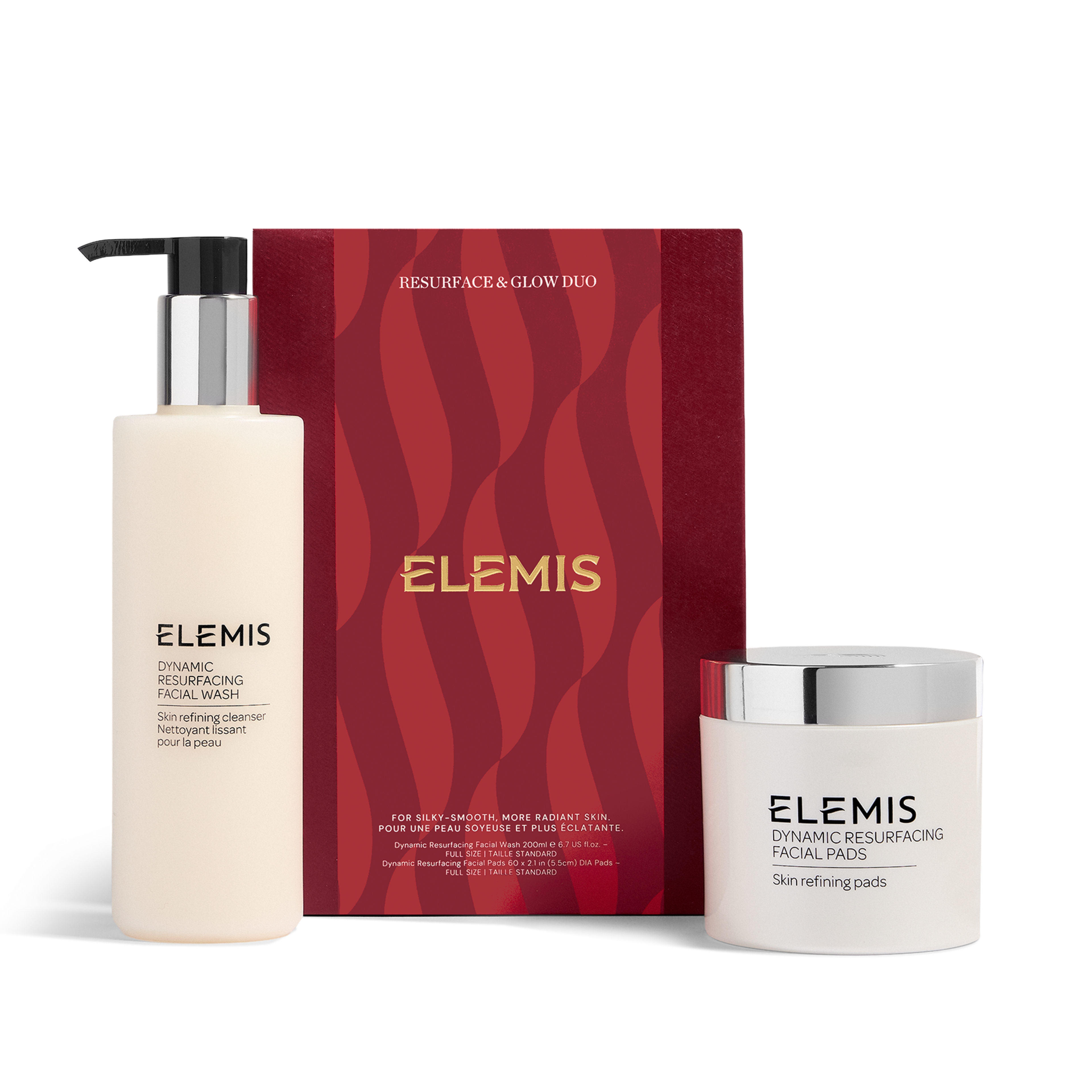 ELEMIS Resurface & Glow Duo gift set with Dynamic Resurfacing Facial Wash pump bottle on the left and Dynamic Resurfacing Facial Pads jar on the right, arranged in front of a red patterned ELEMIS box.