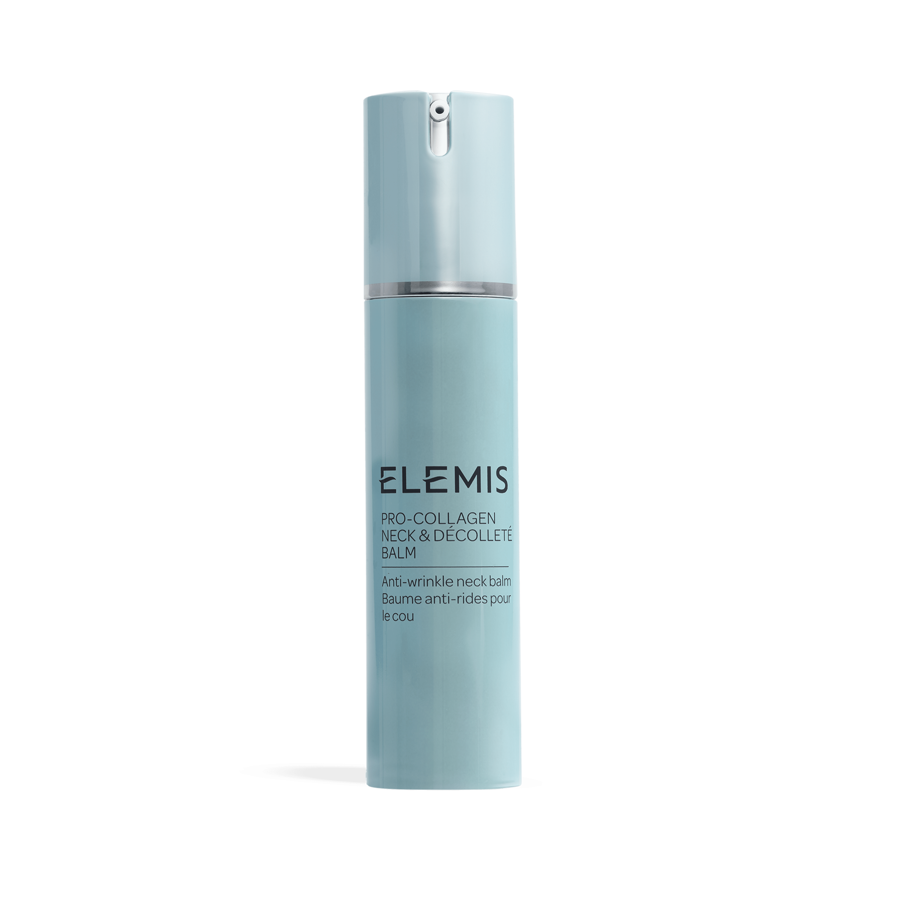 ELEMIS Pro-Collagen Neck & Décolleté Balm in a tall pale blue pump bottle standing upright against a plain background, showing the product name and “Anti-wrinkle neck balm / Baume anti-rides pour le cou” on the front.