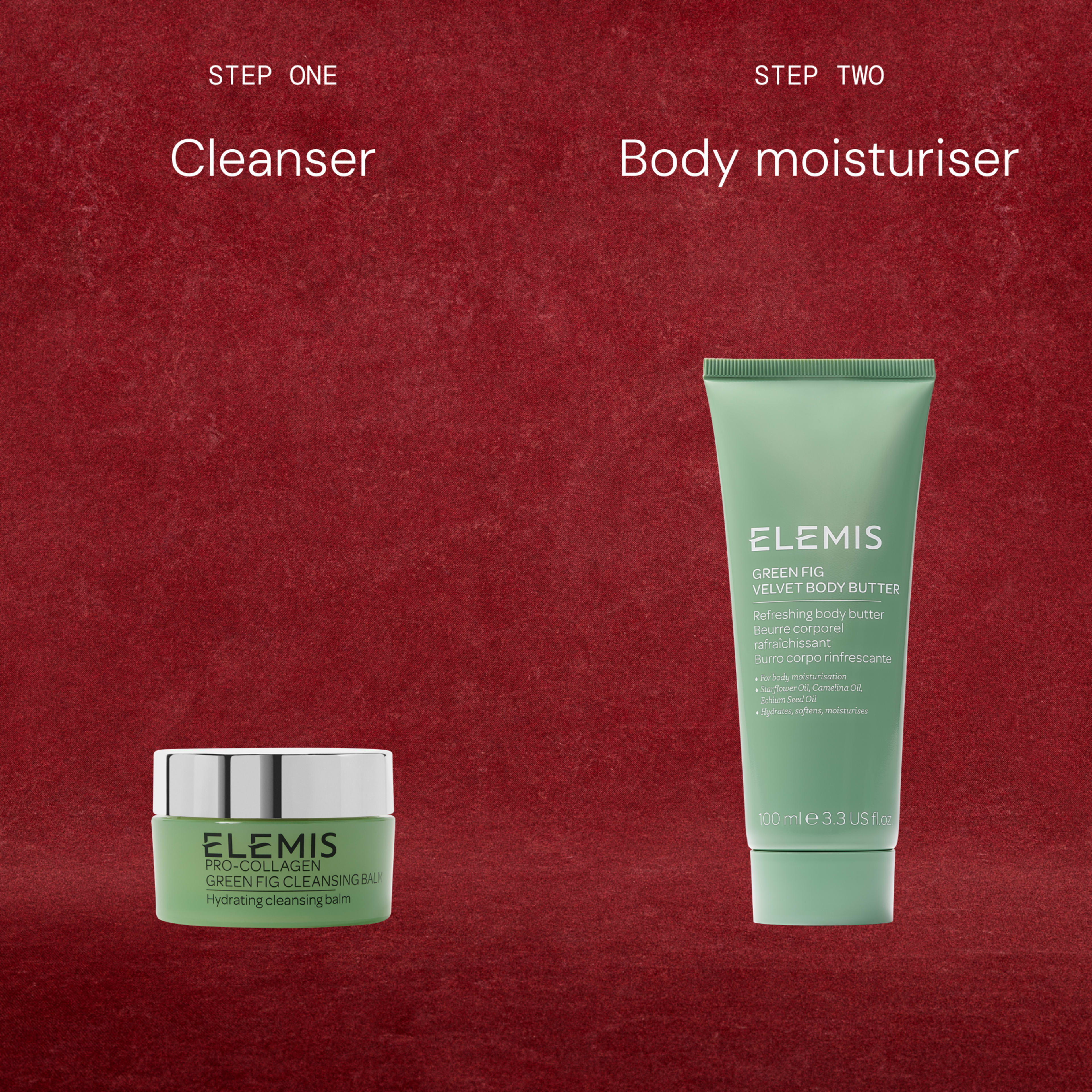Skincare routine steps on a red background showing ELEMIS products: step one cleanser, Pro-Collagen Green Fig Cleansing Balm in a small green jar; step two body moisturiser, Green Fig Velvet Body Butter in a tall green tube.