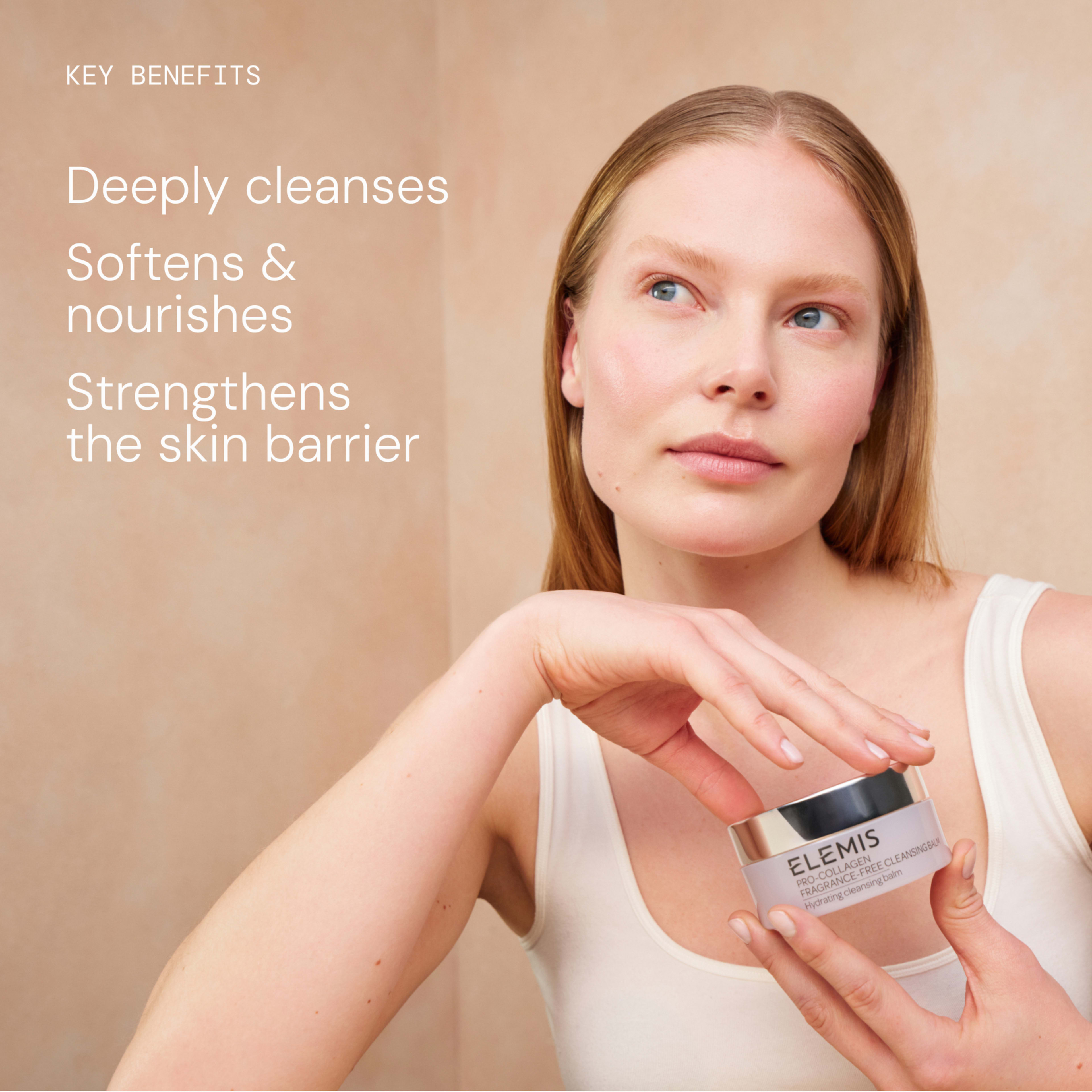 Woman holding an ELEMIS Pro-Collagen Naked Cleansing Balm jar, gently touching the lid and looking away against a neutral background. On the left, text reads: "Key benefits: Deeply cleanses, softens & nourishes, strengthens the skin barrier."