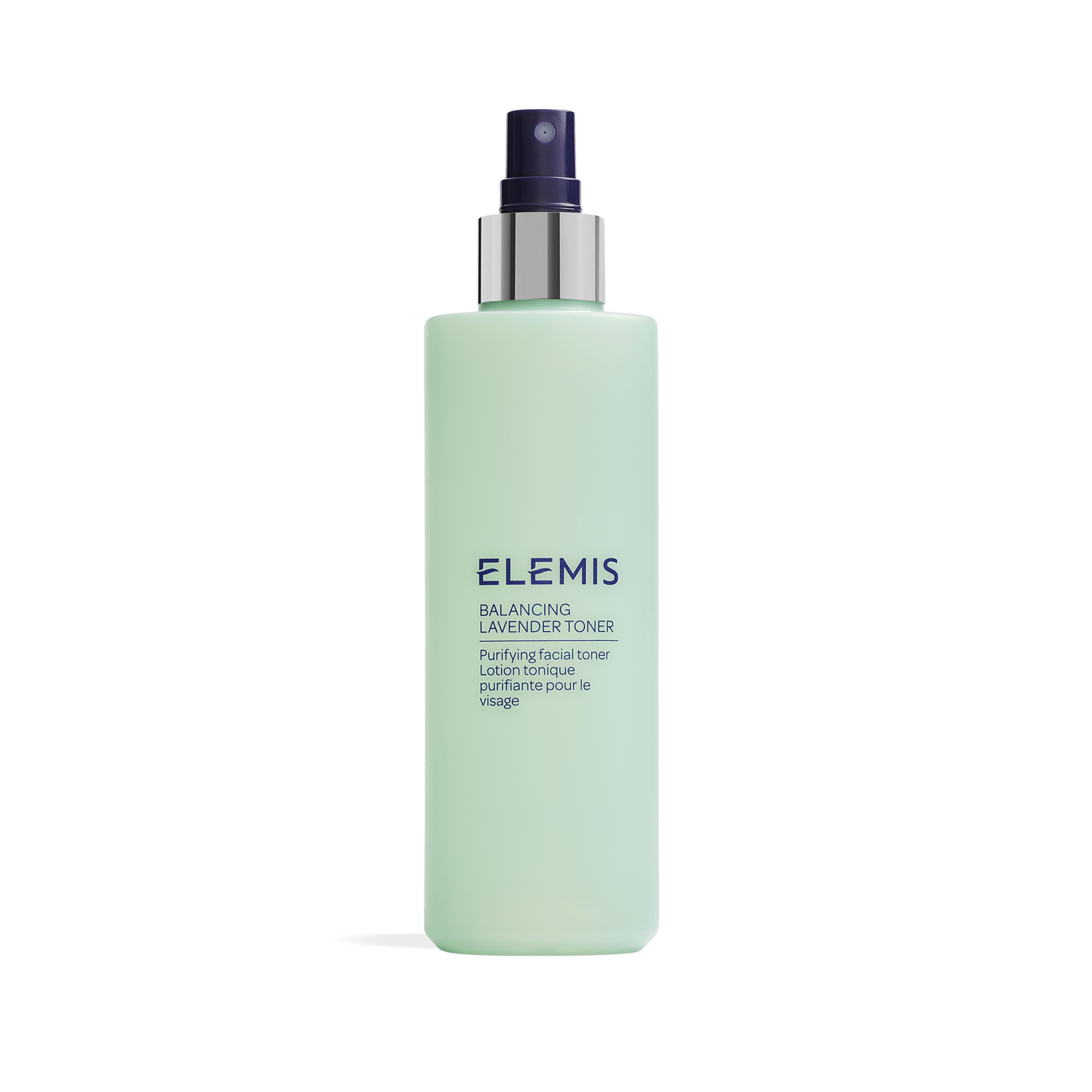 ELEMIS Balancing Lavender Toner bottle, pale green with a navy spray pump, shown on a plain background. Product label reads “Purifying facial toner, Lotion tonique purifiante pour le visage”.