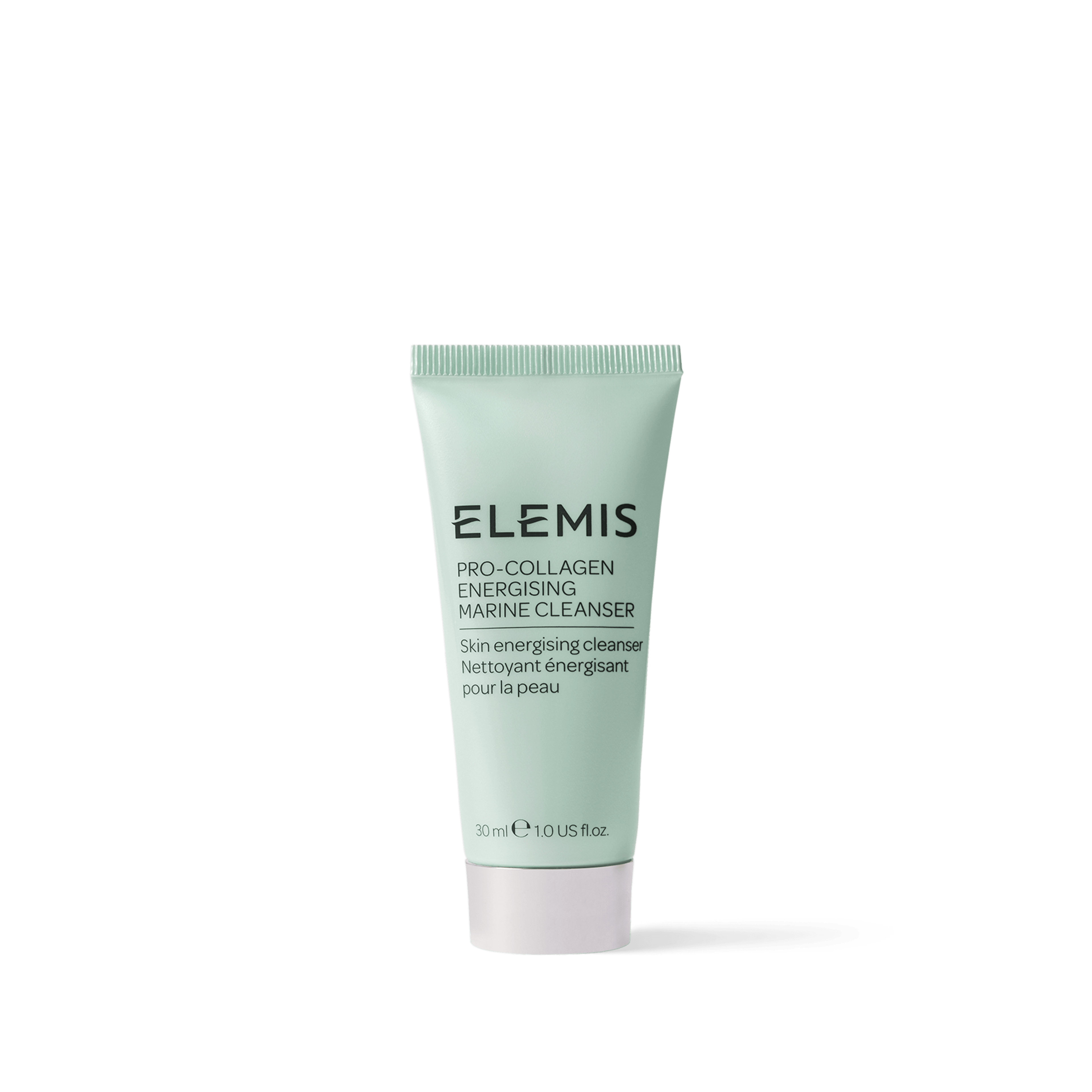 ELEMIS Pro-Collagen Energising Marine Cleanser 30ml mint-green tube standing upright on a plain background, with the text "Skin energising cleanser" and bilingual description visible on the front.