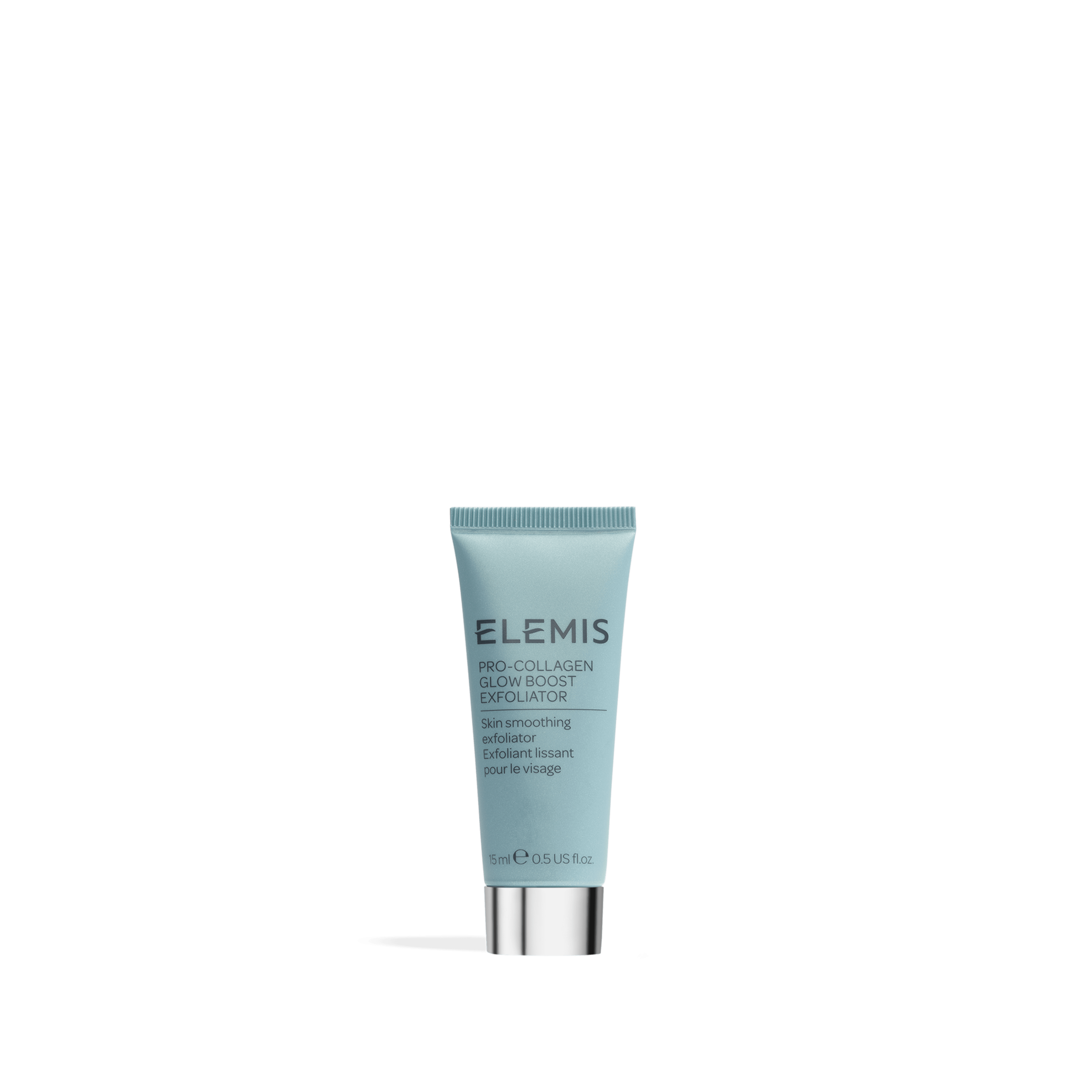 ELEMIS Pro-Collagen Glow Boost Exfoliator in a small teal tube with silver cap, labelled as a skin smoothing exfoliator for the face, 15ml, shown on a plain background.