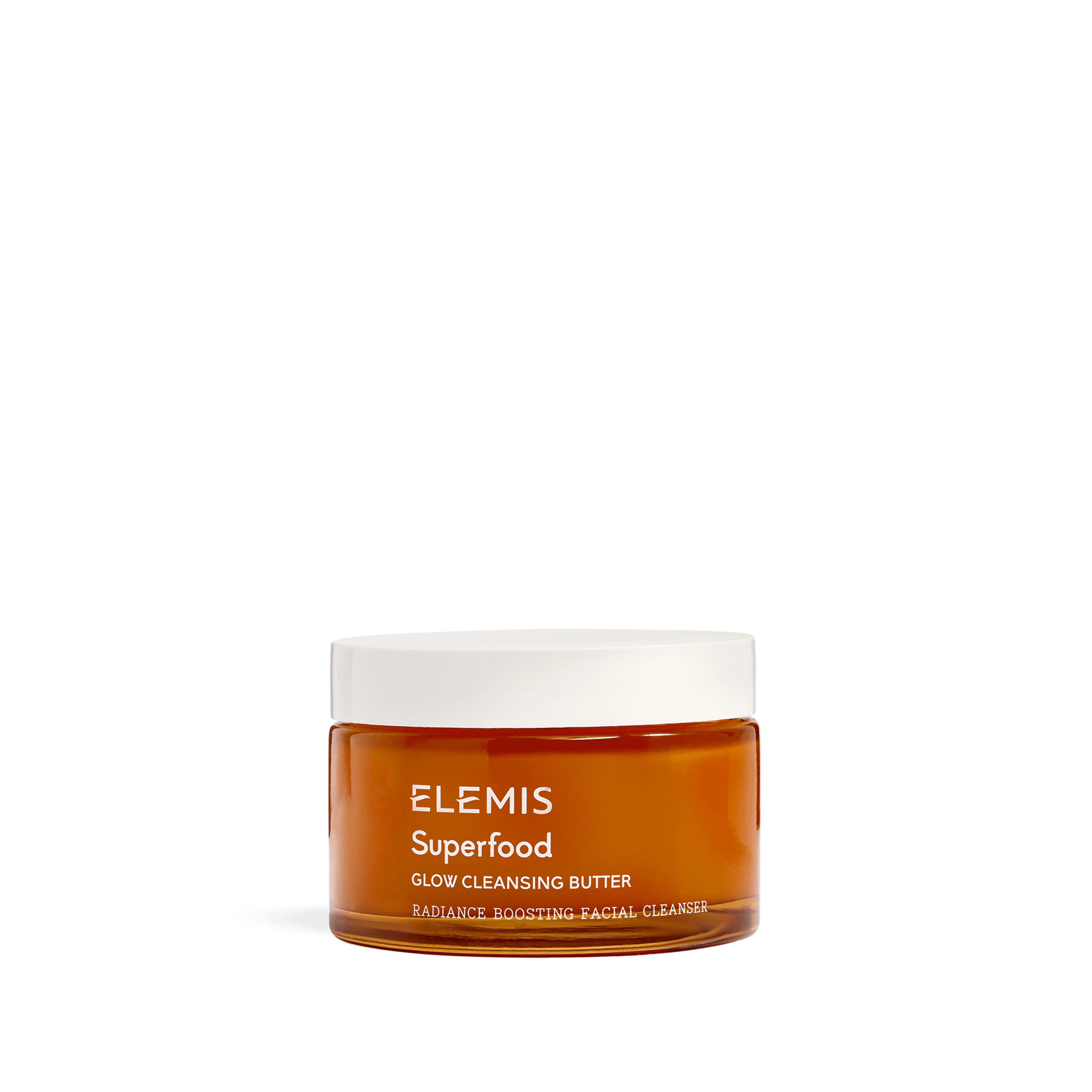 ELEMIS Superfood Glow Cleansing Butter in an amber jar with white lid, labelled as a radiance-boosting facial cleanser, shown on a plain background.