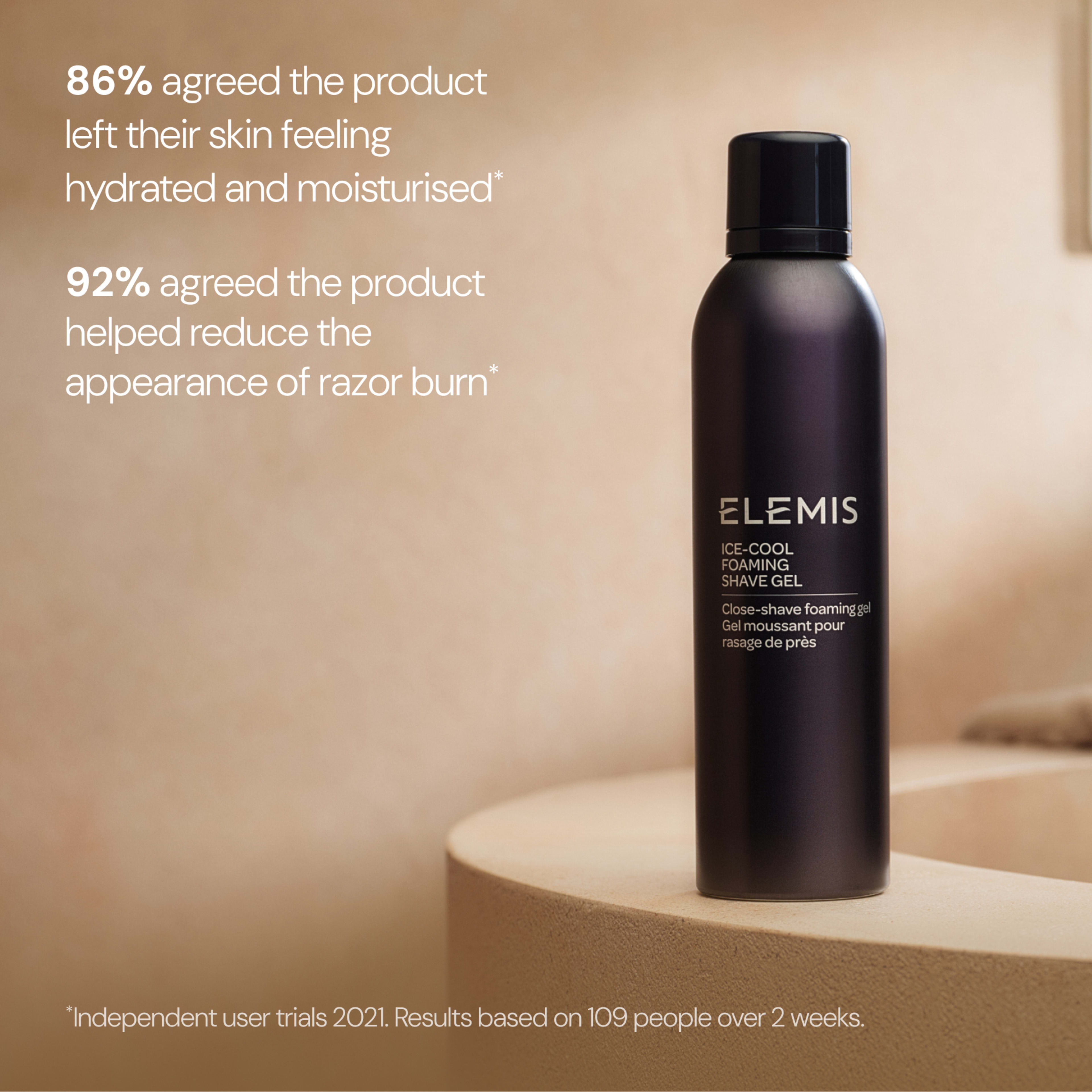 ELEMIS Ice-Cool Foaming Shave Gel can standing on a bathroom surface, with text stating “86% agreed the product left their skin feeling hydrated and moisturised” and “92% agreed the product helped reduce the appearance of razor burn”. Independent user trials 2021.