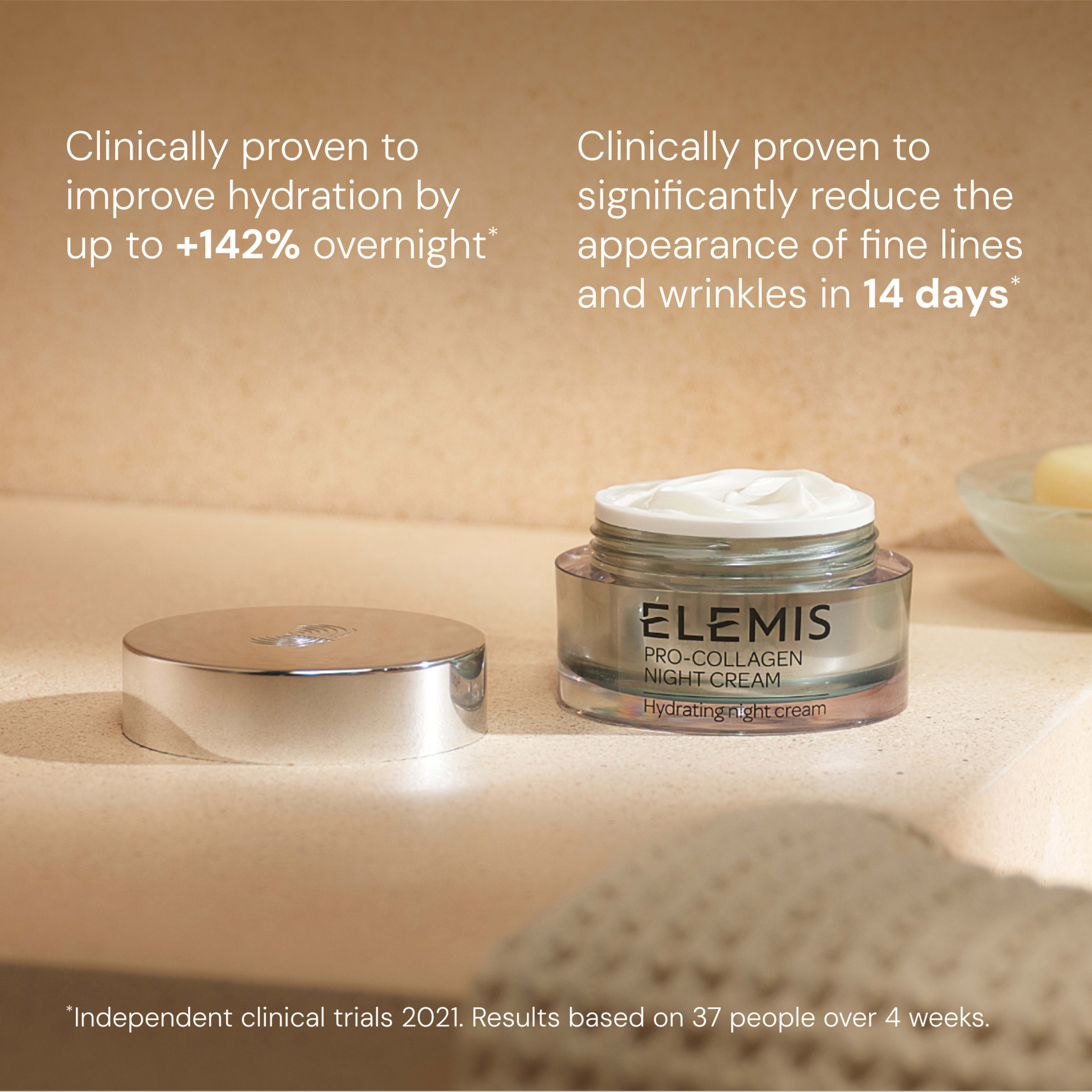 ELEMIS Pro-Collagen Night Cream jar on a bathroom surface with soft lighting. Text: “Clinically proven to improve hydration by up to +142% overnight” and “Clinically proven to significantly reduce the appearance of fine lines and wrinkles in 14 days”; trial of 37 people over 4 weeks.