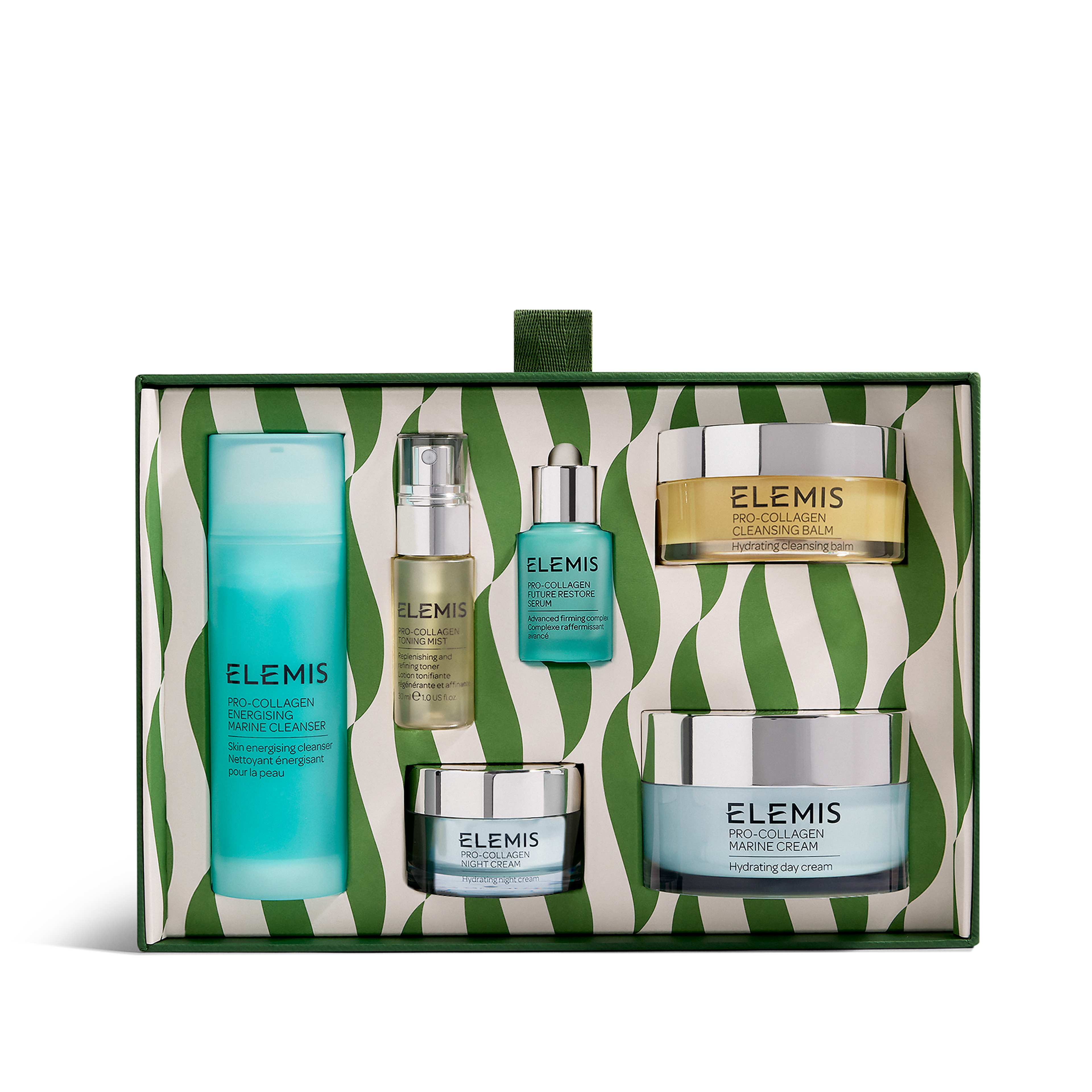ELEMIS Pro-Collagen skincare gift set in a green and white patterned box, containing Pro-Collagen Marine Cleanser, Cleansing Balm, Marine Cream hydrating day cream, an eye cream and two serum products arranged neatly in separate compartments.