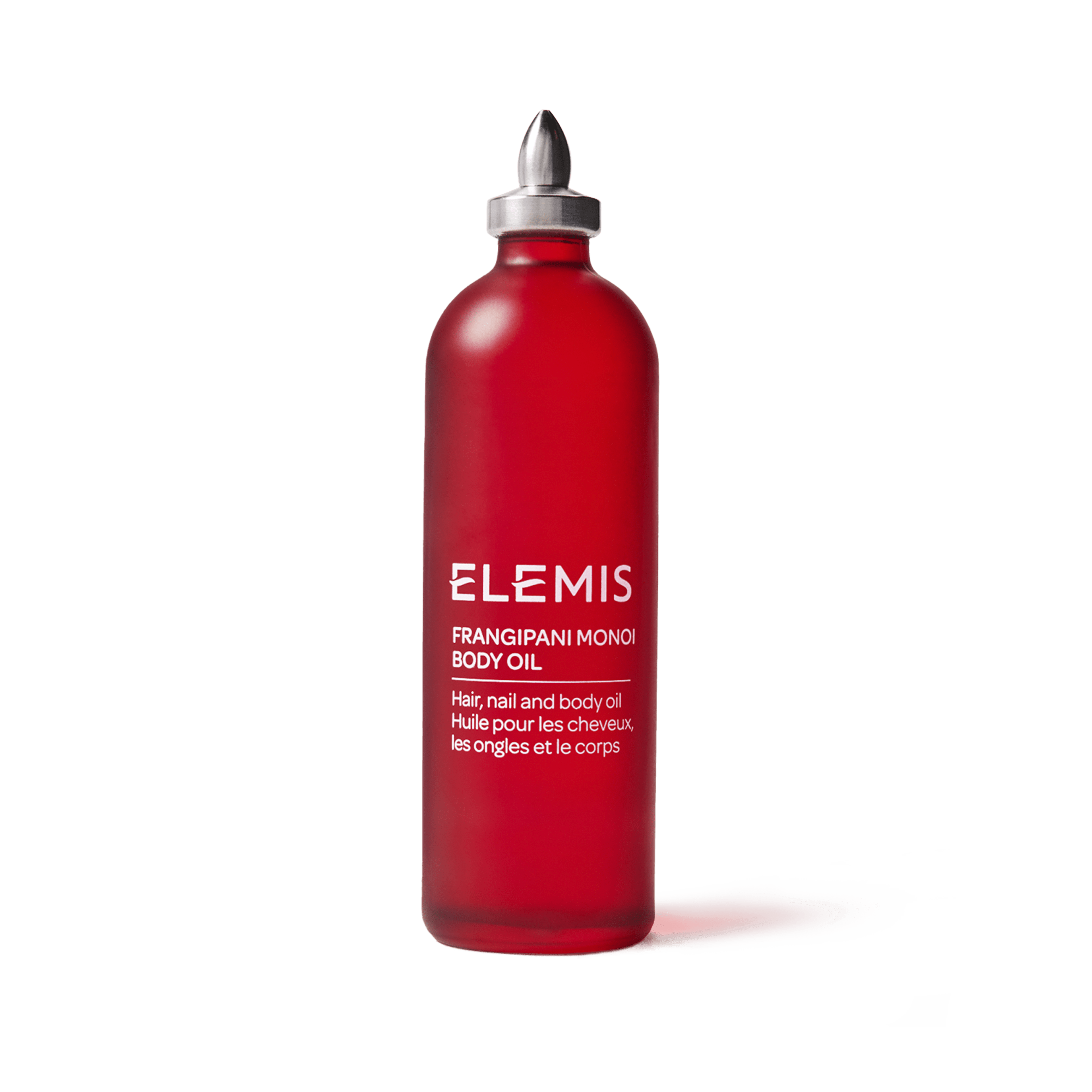 Red bottle of ELEMIS Frangipani Monoi Body Oil with silver cap, labelled for hair, nail and body care, standing upright on a white background.