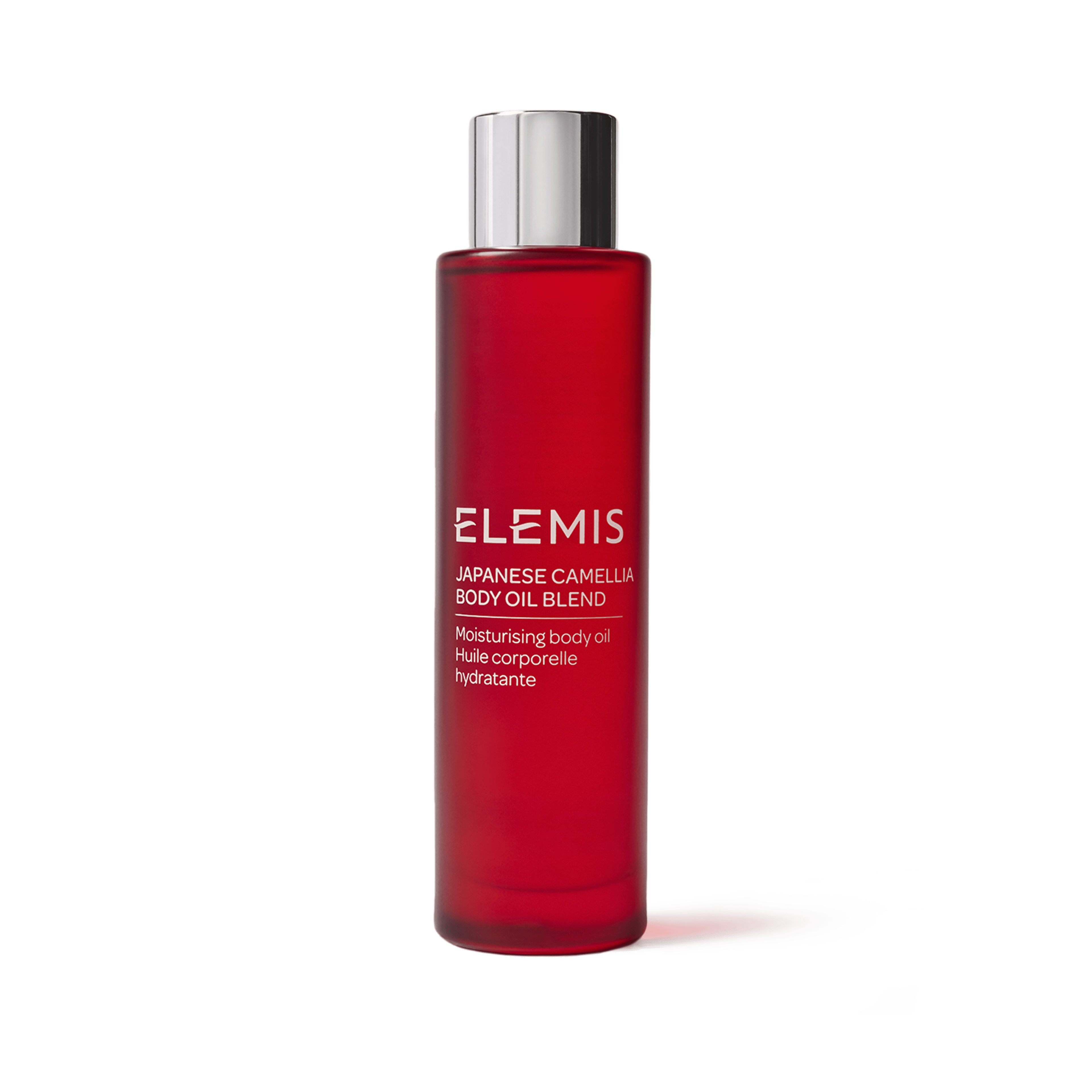 ELEMIS Japanese Camellia Body Oil Blend in a tall red bottle with silver cap, labelled as moisturising body oil in English and French, standing on a white background.