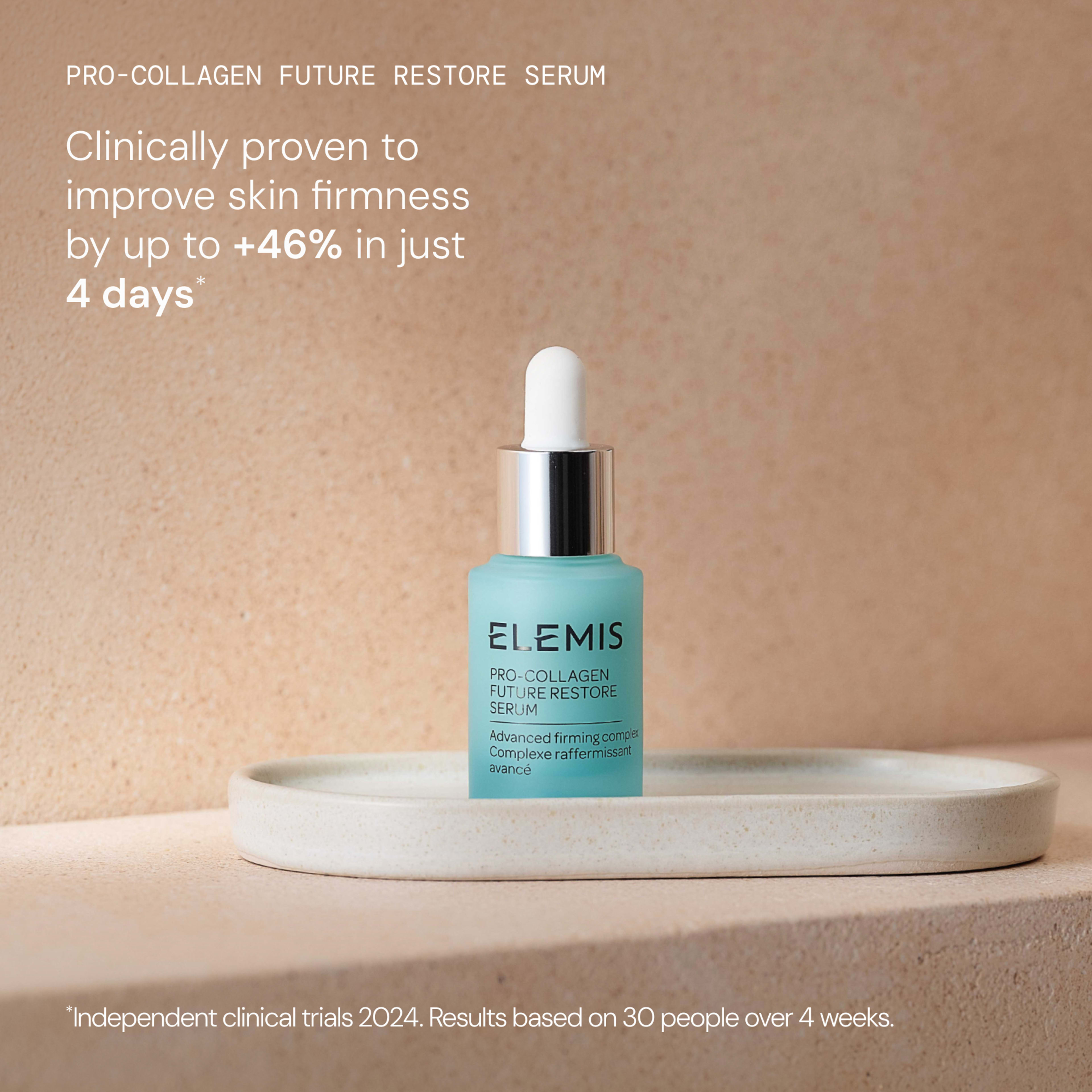 ELEMIS Pro-Collagen Future Restore Serum bottle on a tray against a neutral background, with headline text stating it is clinically proven to improve skin firmness by up to +46% in just 4 days. Small print notes independent clinical trials in 2024 on 30 people over 4 weeks.