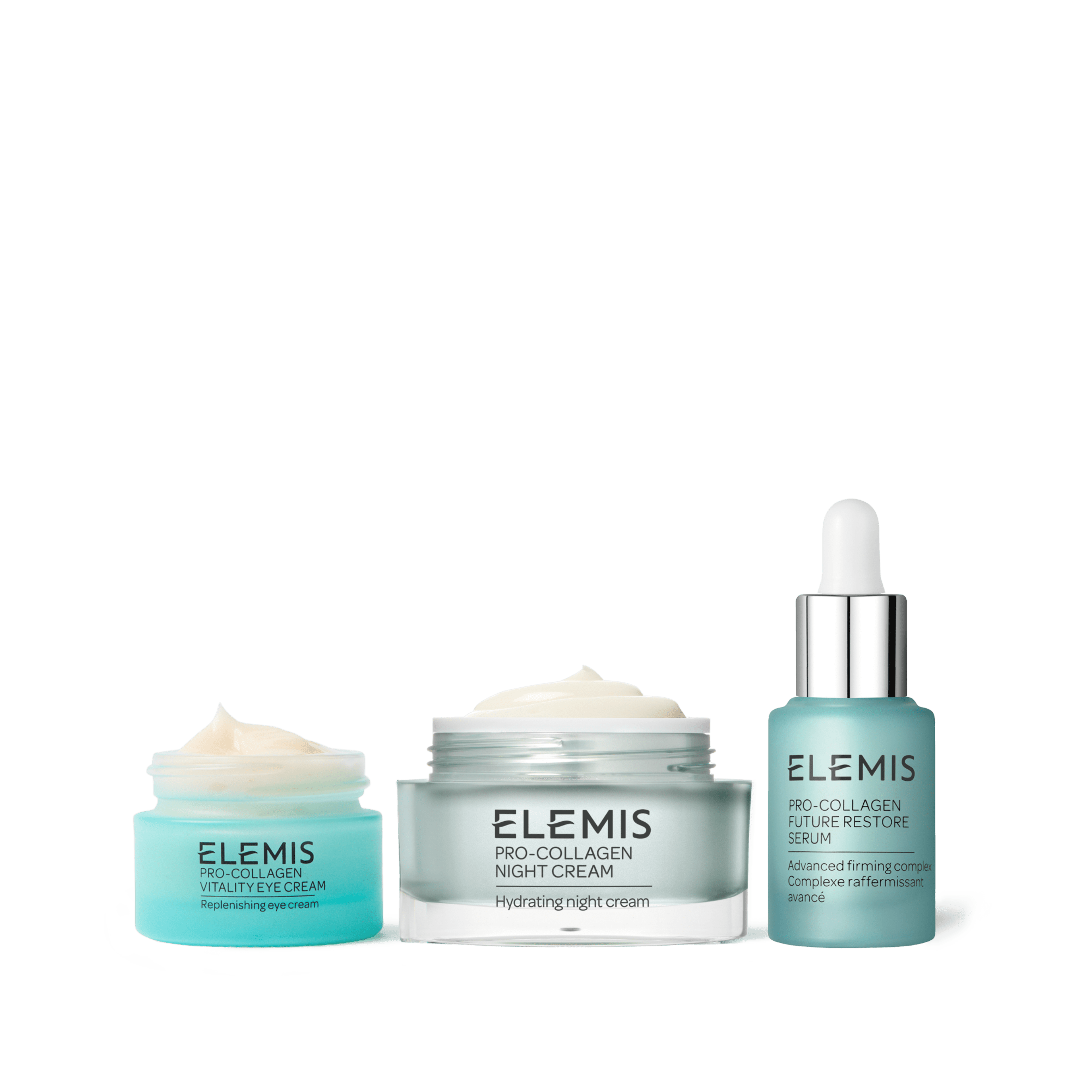 ELEMIS Pro-Collagen skincare set with three teal and silver containers: Pro-Collagen Vitality Eye Cream, Pro-Collagen Night Cream and Pro-Collagen Future Restore Serum with pipette, all shown open with cream or serum visible against a plain background.