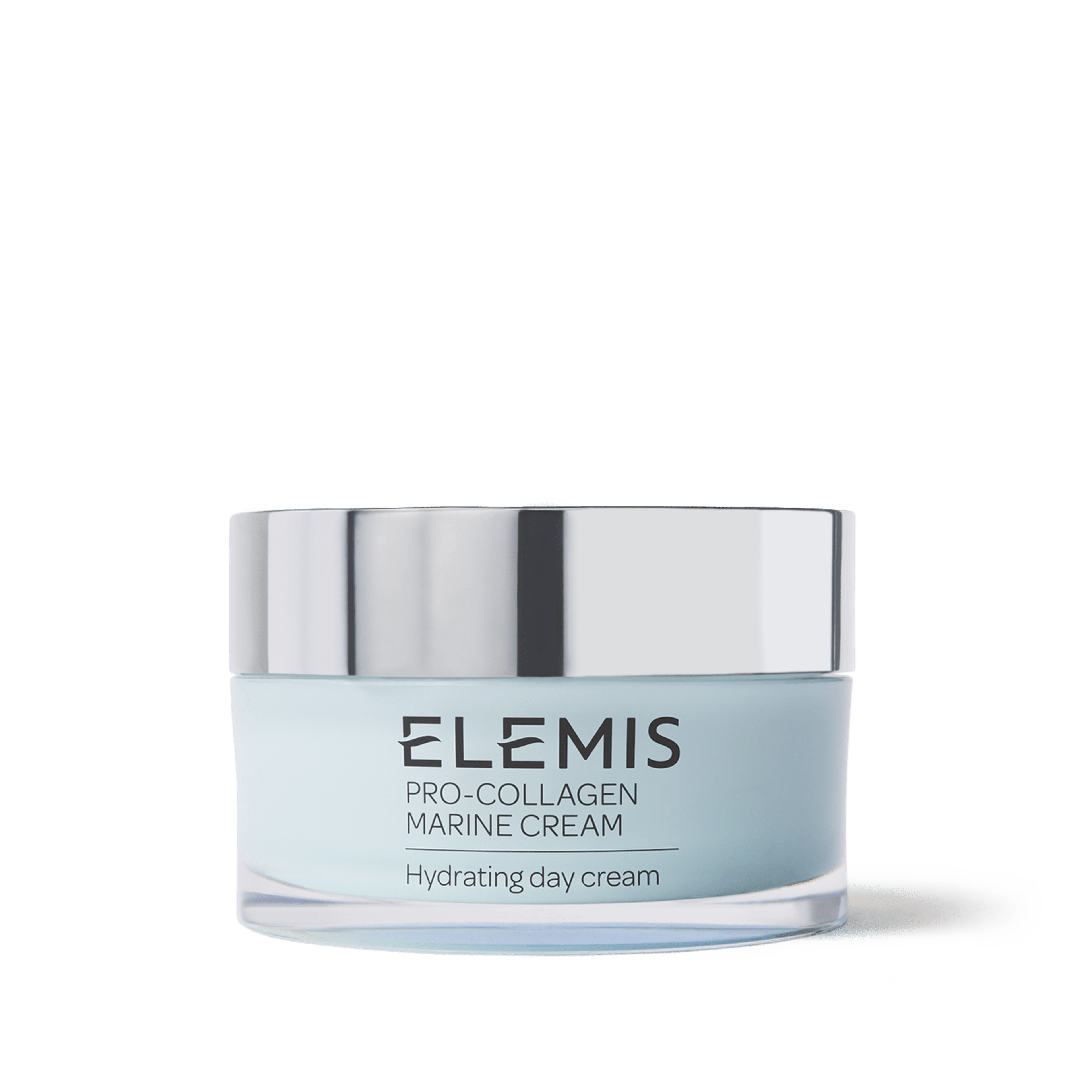 Light blue jar of ELEMIS Pro-Collagen Marine Cream Hydrating Day Cream with a reflective silver lid, shown against a white background.