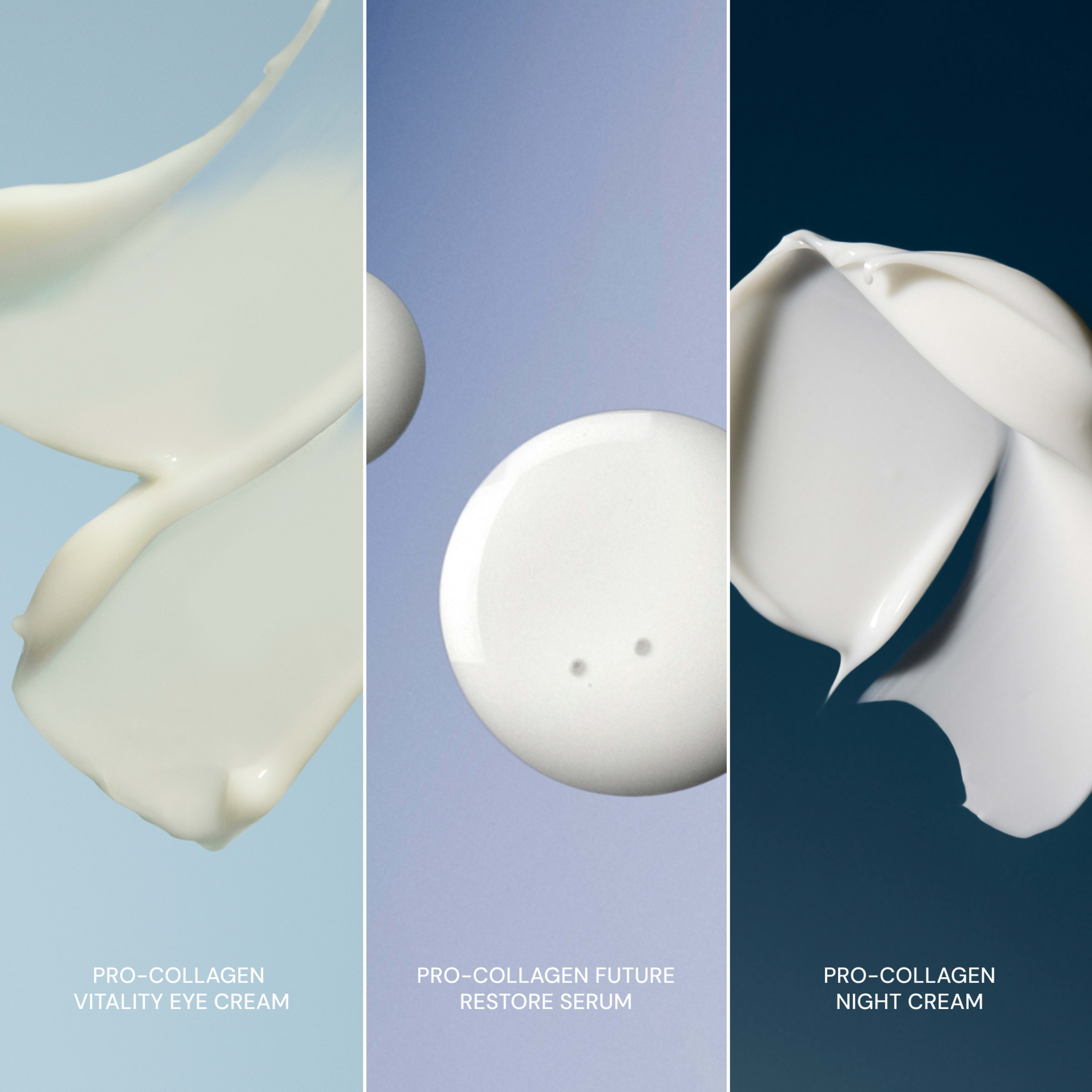 ELEMIS Pro-Collagen skincare textures shown in three panels: Vitality Eye Cream, Future Restore Serum and Night Cream, each displayed as close-up white product swatches against soft blue backgrounds.