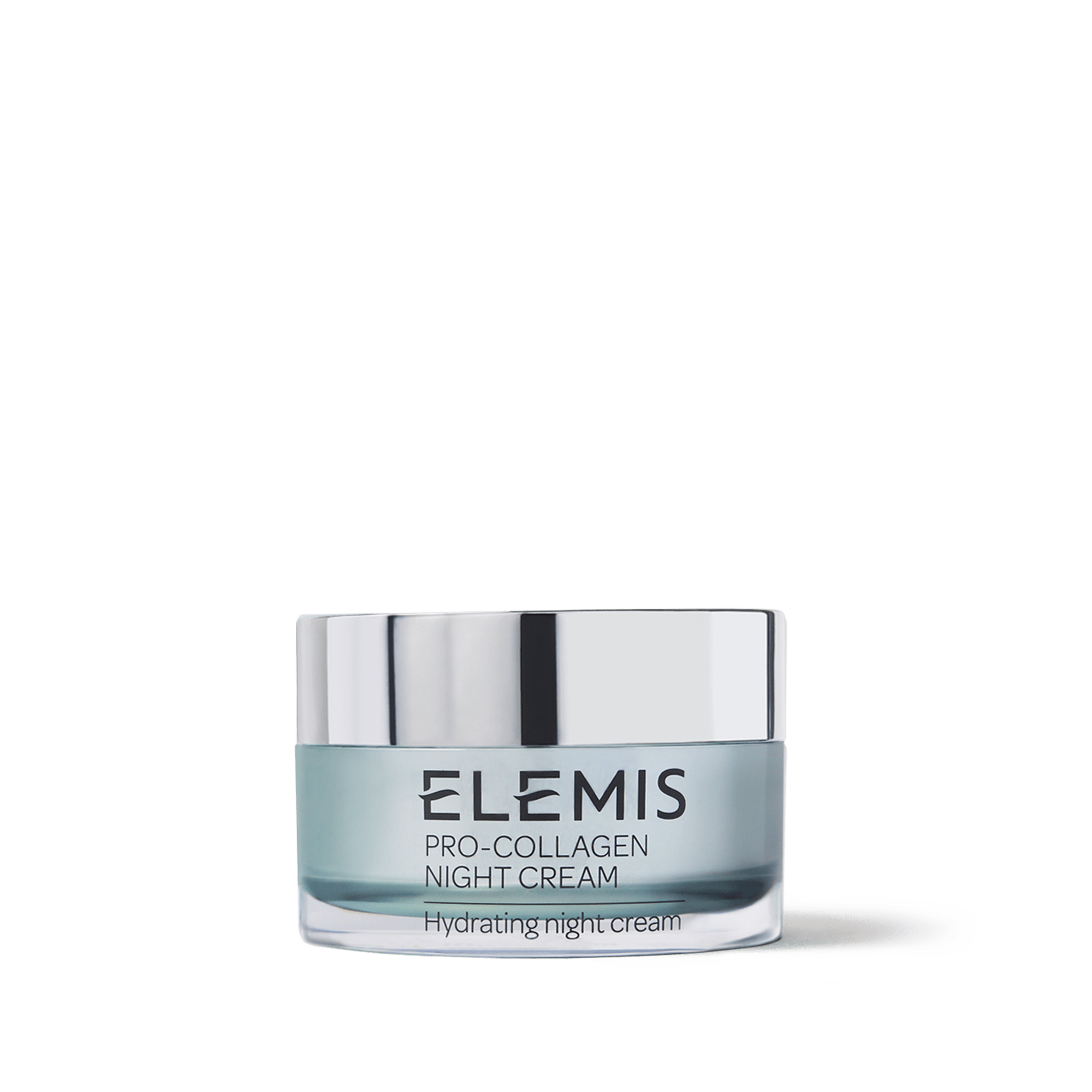 ELEMIS Pro-Collagen Night Cream in a turquoise glass jar with a reflective silver lid, labelled as a hydrating night cream.
