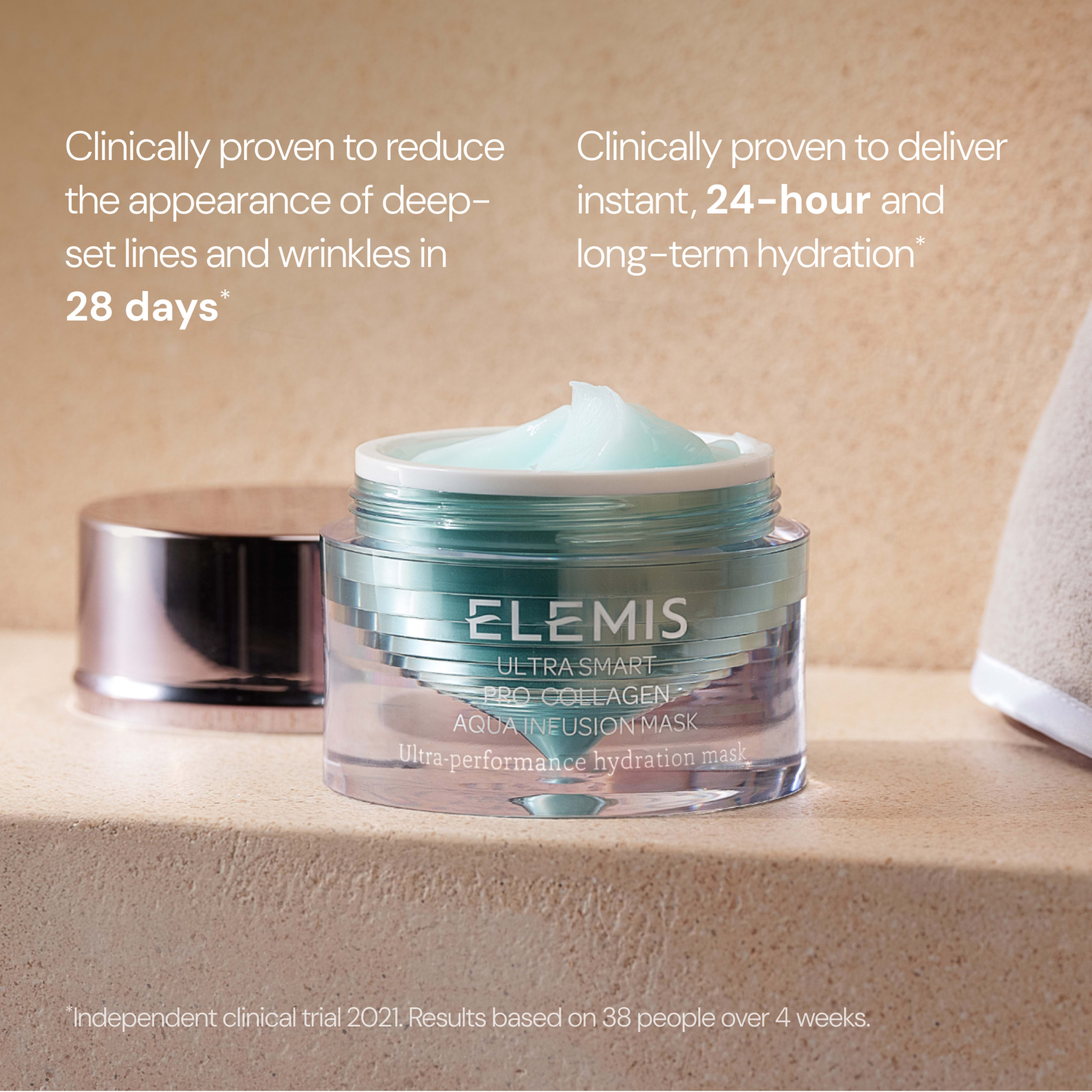 ELEMIS ULTRA SMART PRO-COLLAGEN AQUA INFUSION MASK jar with light blue cream on a bathroom surface. Text claims it is clinically proven to reduce deep-set lines and wrinkles in 28 days and deliver instant, 24-hour and long-term hydration, based on a 4-week clinical trial.