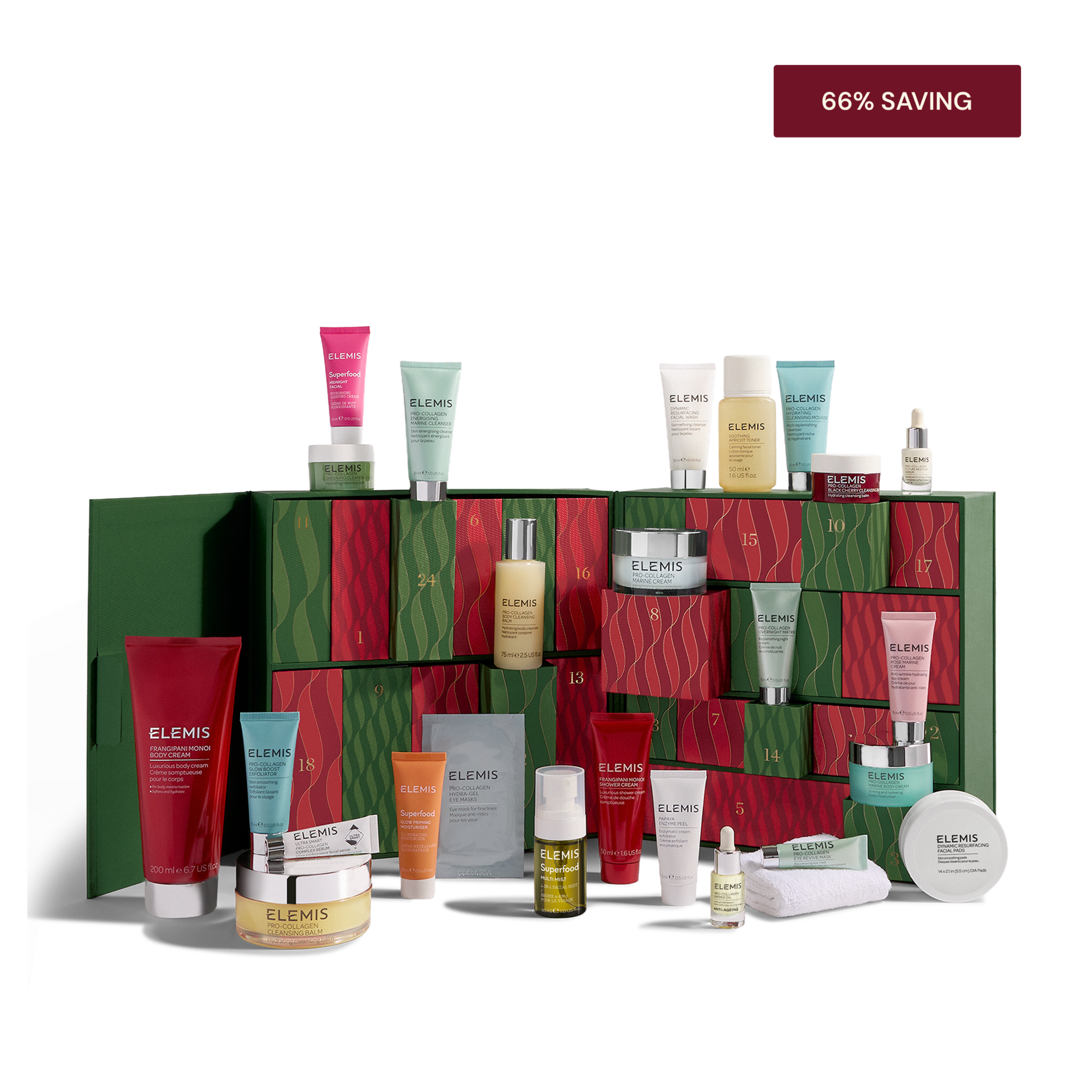 ELEMIS christmas advent calendar with red and green drawers displayed open, surrounded by various ELEMIS skincare products including cleansers, creams, oils and serums in assorted sizes. A small red label in the top right corner reads "66% saving".