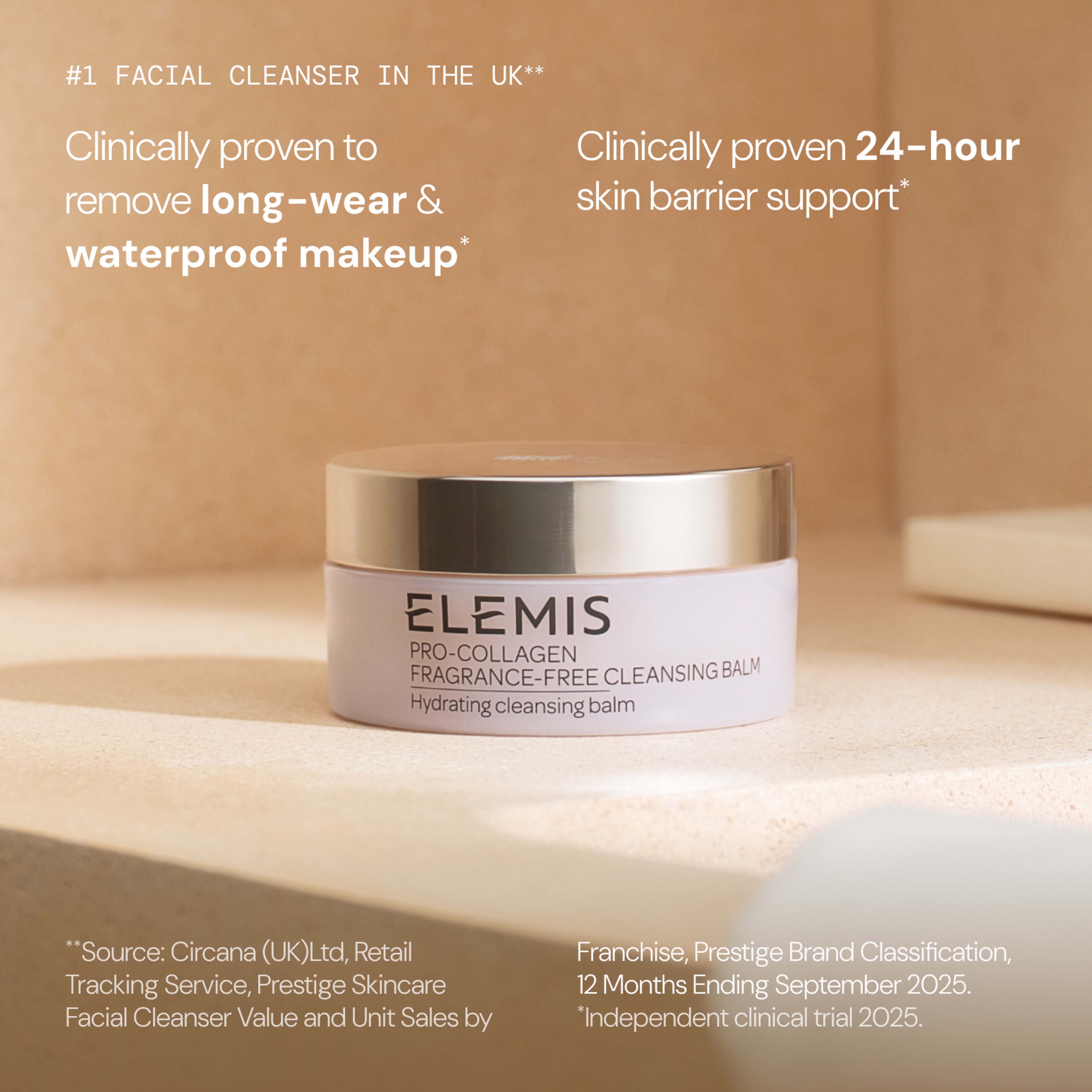 ELEMIS Pro-Collagen Fragrance-Free Cleansing Balm jar on a bathroom surface with soft lighting, promoted as the "#1 facial cleanser in the UK", clinically proven to remove long-wear and waterproof makeup and provide 24-hour skin barrier support.