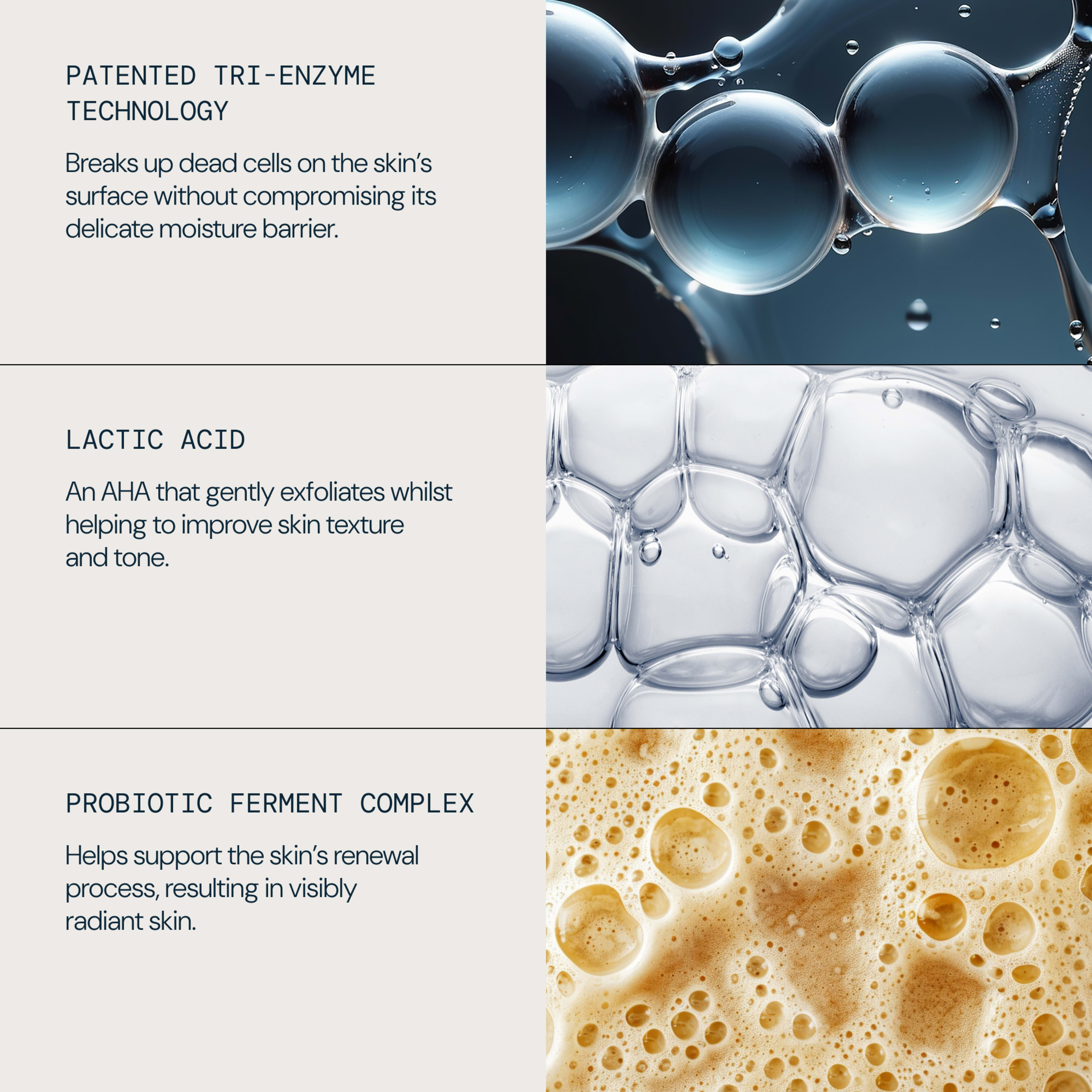 Graphic listing three ELEMIS skincare actives with abstract close-ups: “Patented Tri-Enzyme Technology – breaks up dead cells on the skin’s surface without compromising its moisture barrier”; “Lactic Acid – AHA that gently exfoliates and improves skin texture and tone”.  

“Probiotic Ferment Complex – helps support the skin’s renewal process for visibly radiant skin”.