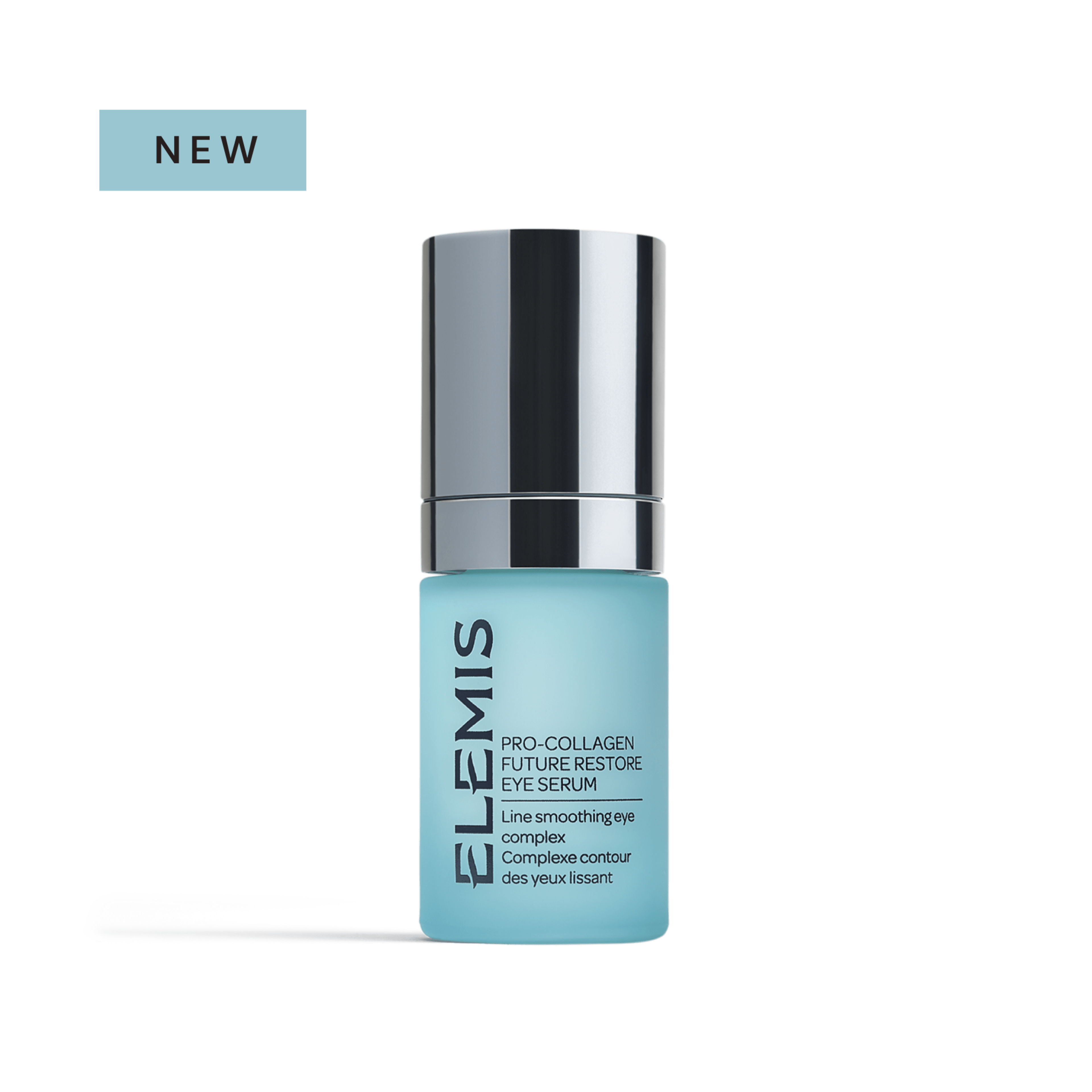 ELEMIS Pro-Collagen Future Restore Eye Serum bottle with silver cap on a plain background, shown with a "NEW" label in the top left corner.