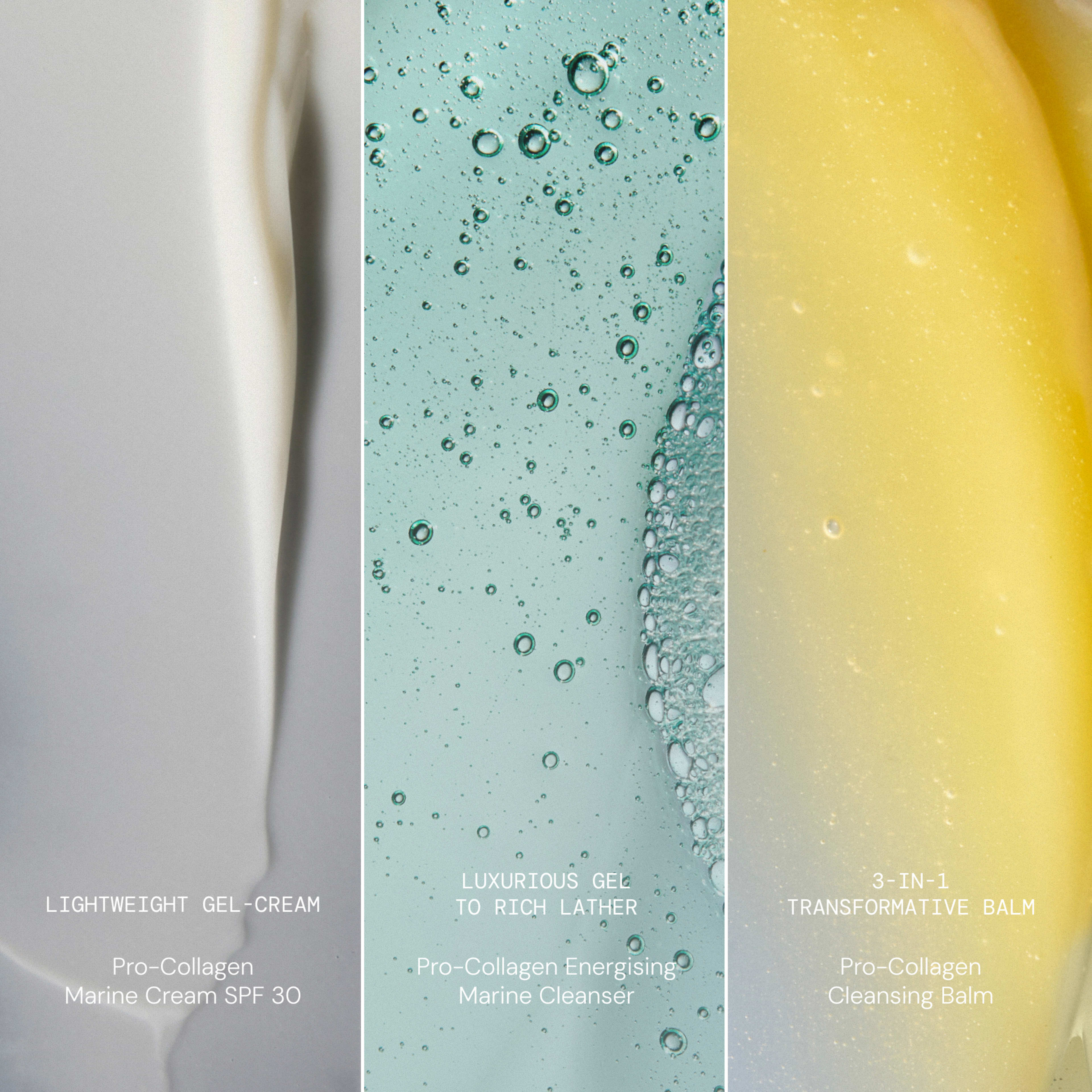 Abstract close-up textures of three ELEMIS Pro-Collagen products, each with descriptive text: "Lightweight gel-cream Pro-Collagen Marine Cream SPF 30", "Luxurious gel to rich lather Pro-Collagen Energising Marine Cleanser", and "3-in-1 transformative balm Pro-Collagen Cleansing Balm".