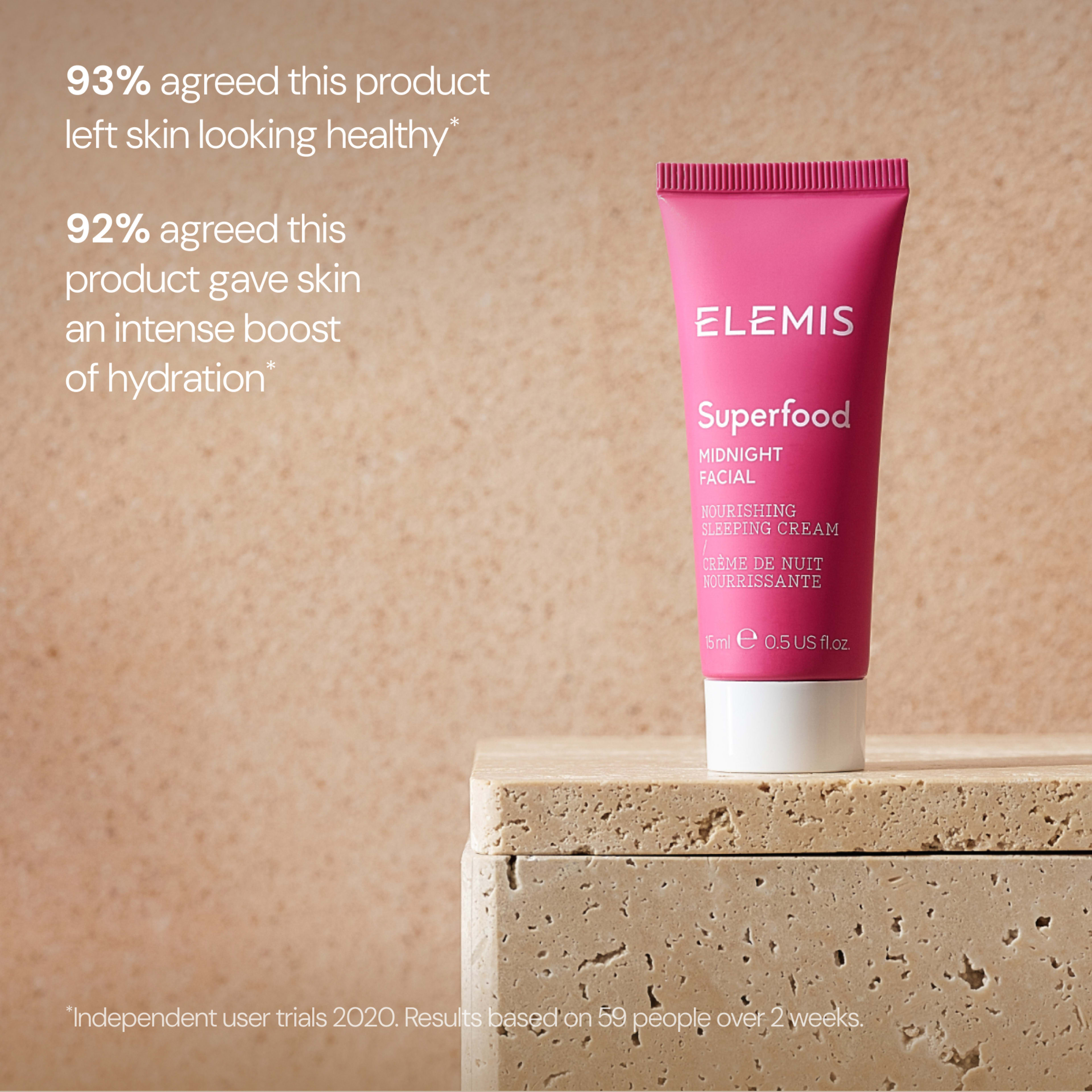 Pink tube of ELEMIS Superfood Midnight Facial nourishing sleeping cream, 15ml, standing on a stone block against a beige background. Text states “93% agreed this product left skin looking healthy” and “92% agreed this product gave skin an intense boost of hydration”.