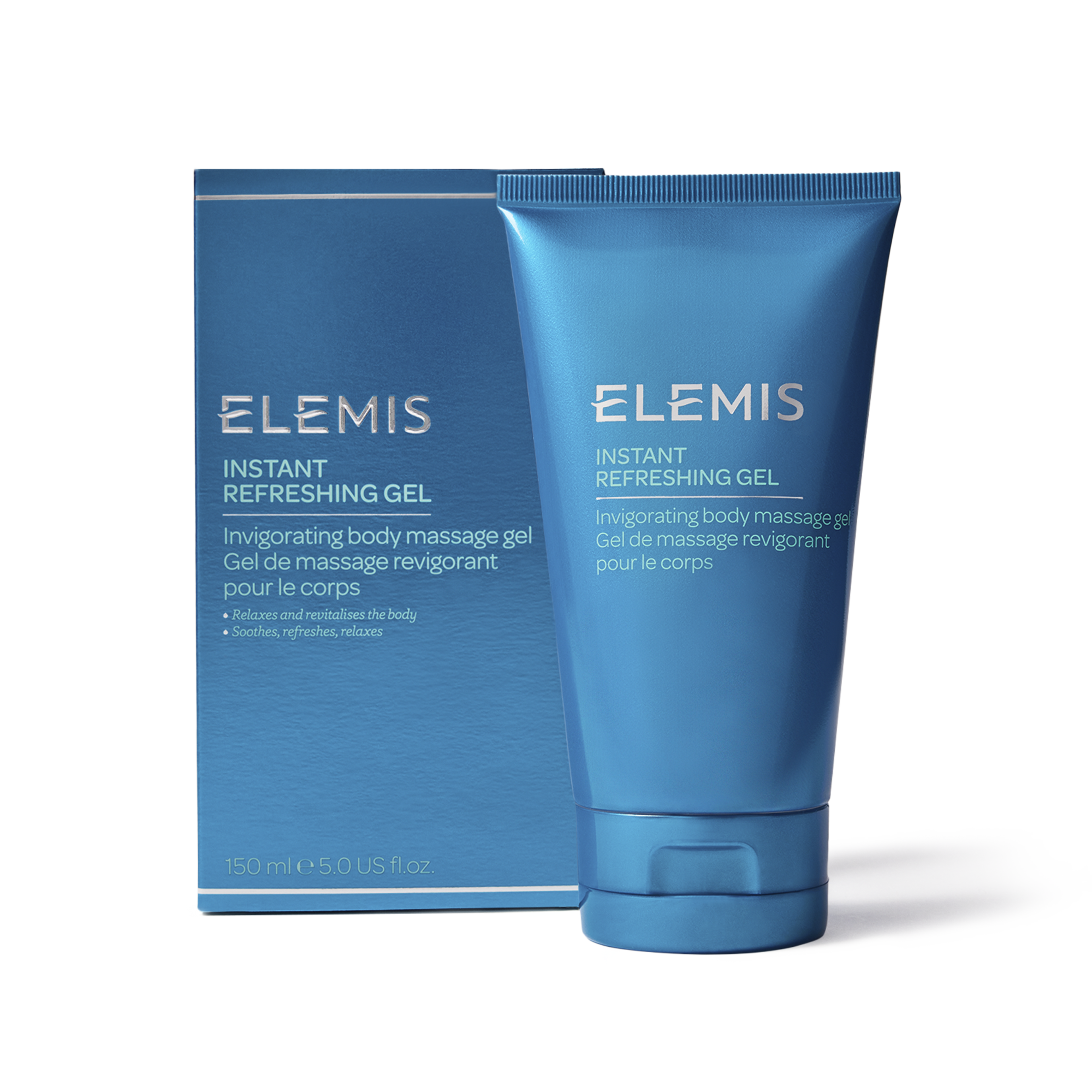ELEMIS Instant Refreshing Gel invigorating body massage gel, 150ml, shown in a bright blue tube standing in front of its matching box.
