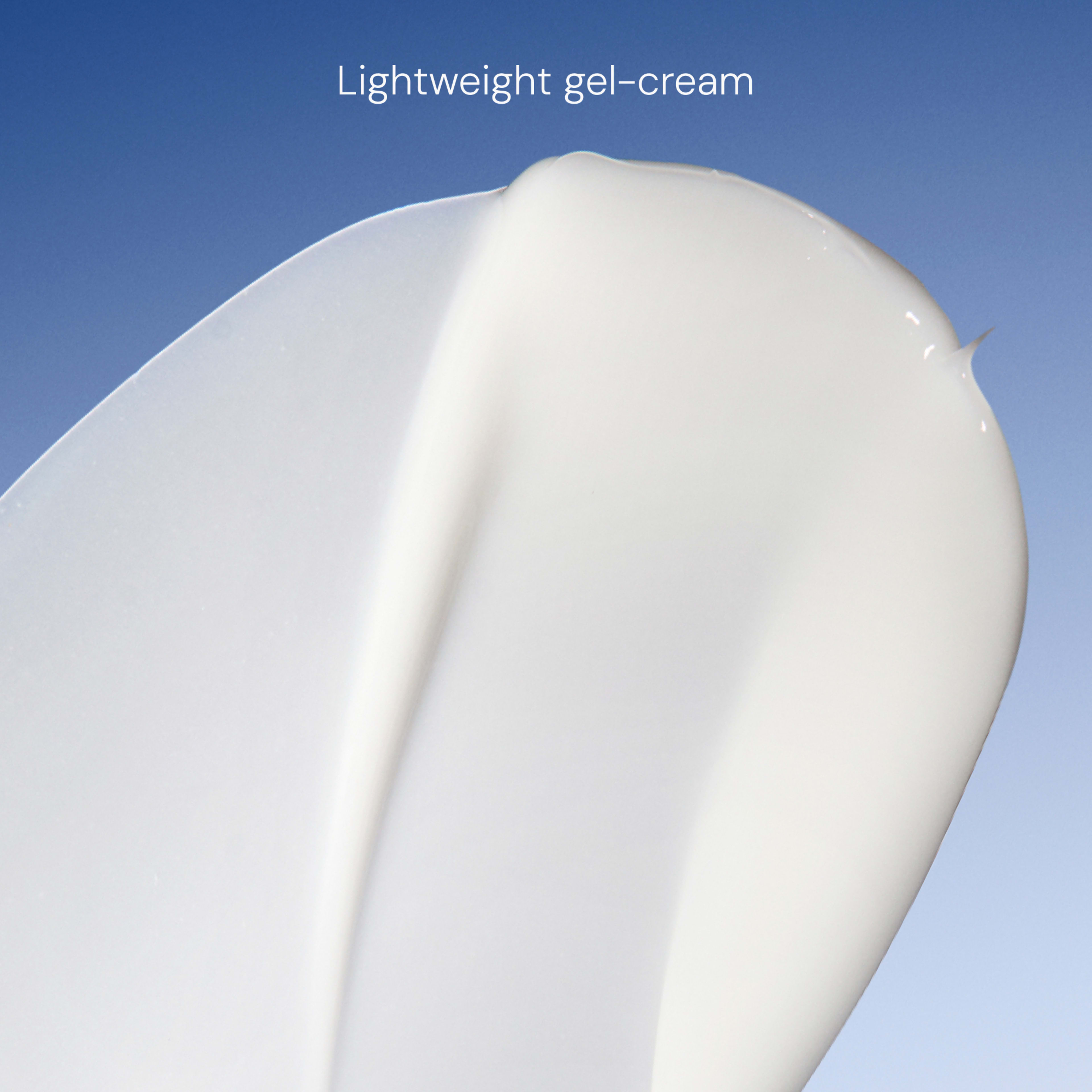 Close-up swatch of a white lightweight gel-cream texture against a blue background, with the words “Lightweight gel-cream” at the top.