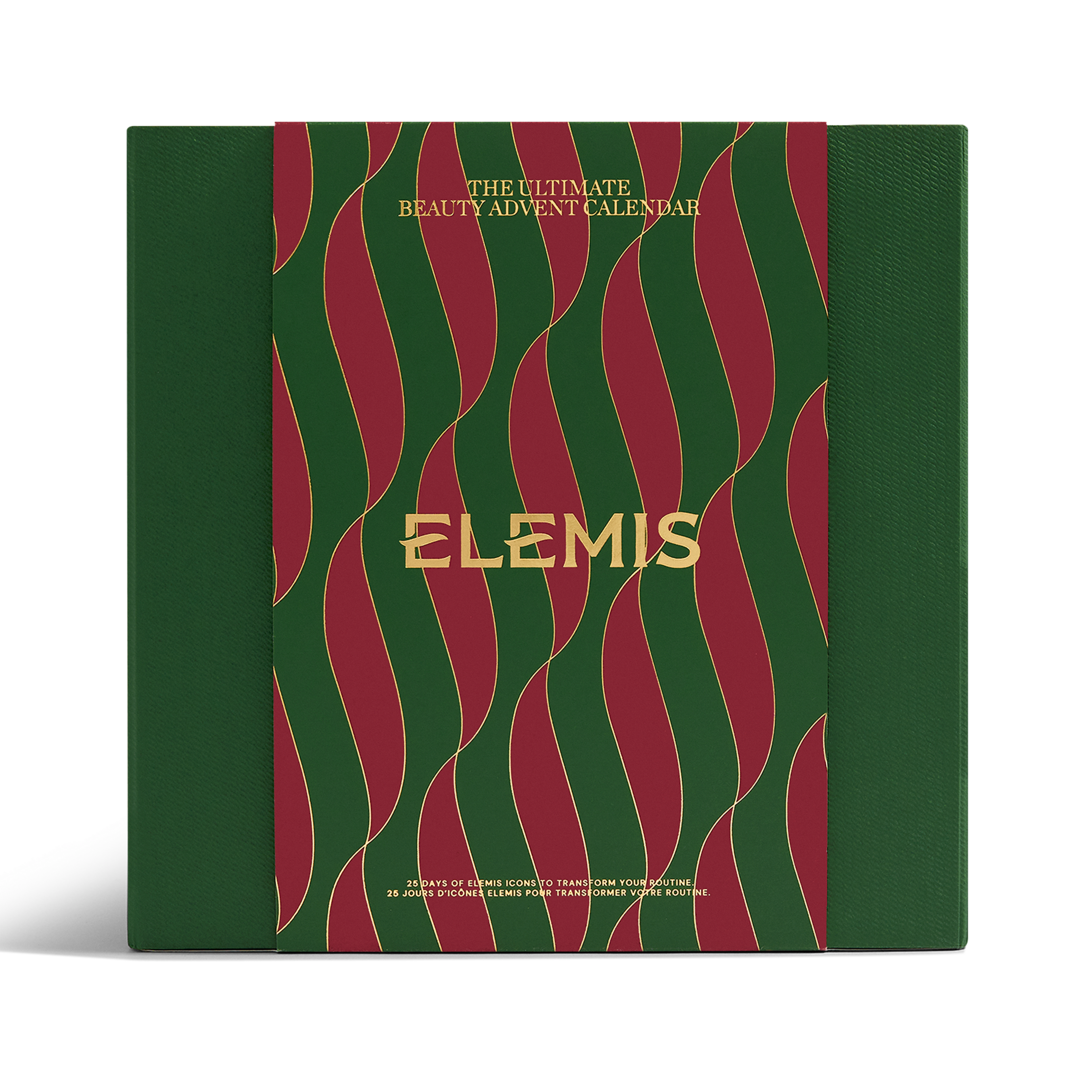 ELEMIS The Ultimate Beauty Advent Calendar in a dark green box with a central red and green wavy panel and gold lettering.