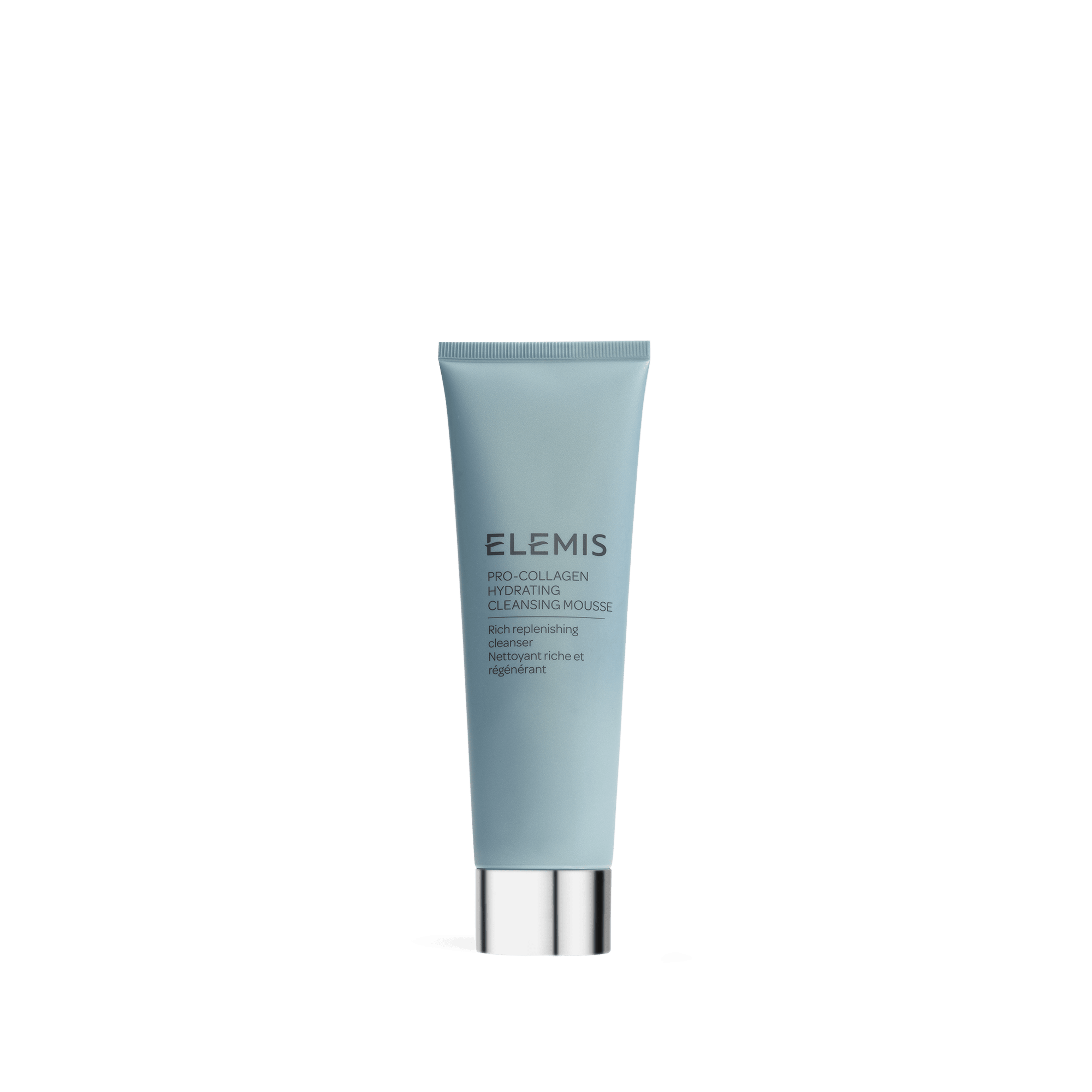 ELEMIS Pro-Collagen Hydrating Cleansing Mousse in a pale blue squeeze tube with a silver cap, shown against a plain background.