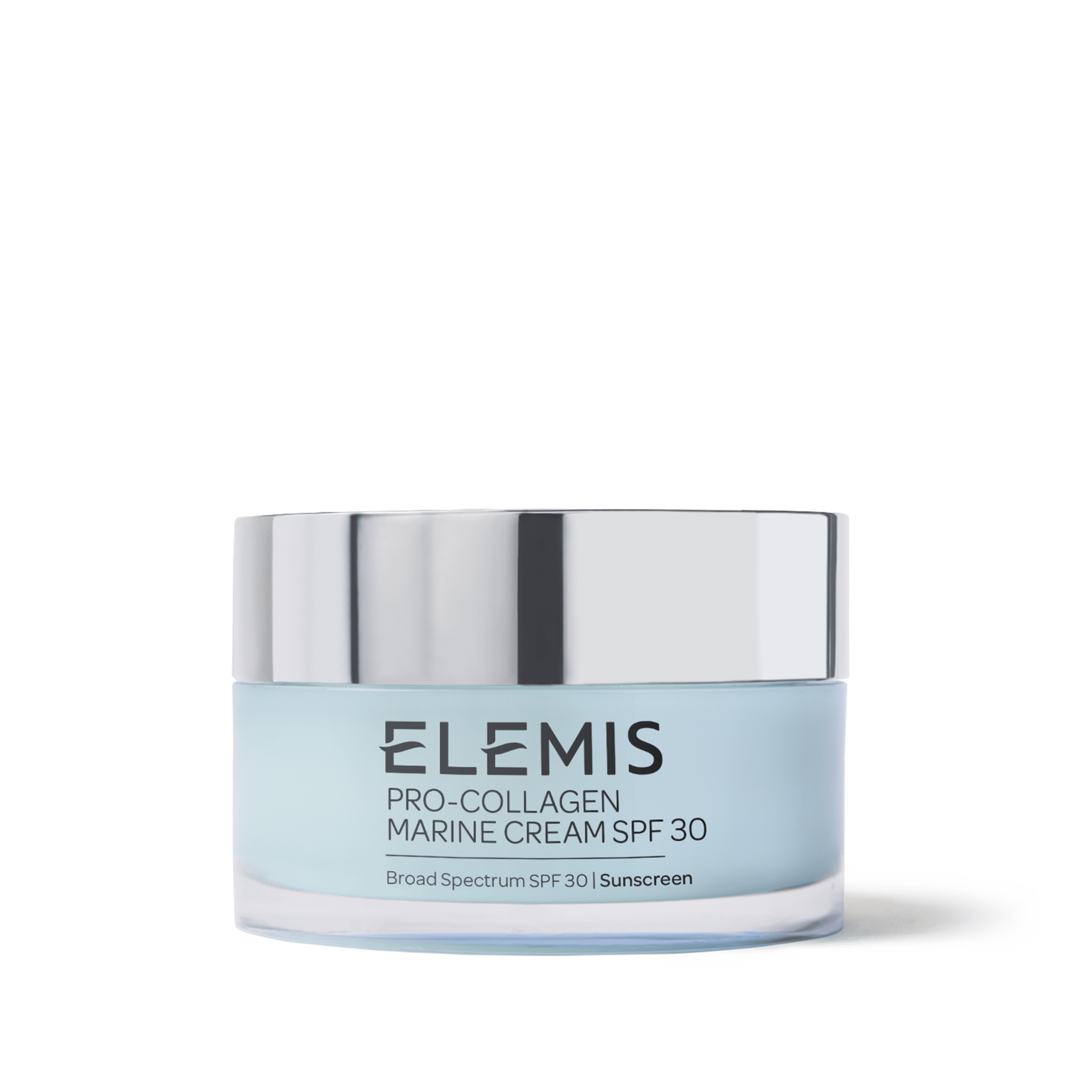 ELEMIS Pro-Collagen Marine Cream SPF 30 in a light blue jar with a reflective silver lid, labelled as broad spectrum SPF 30 sunscreen.