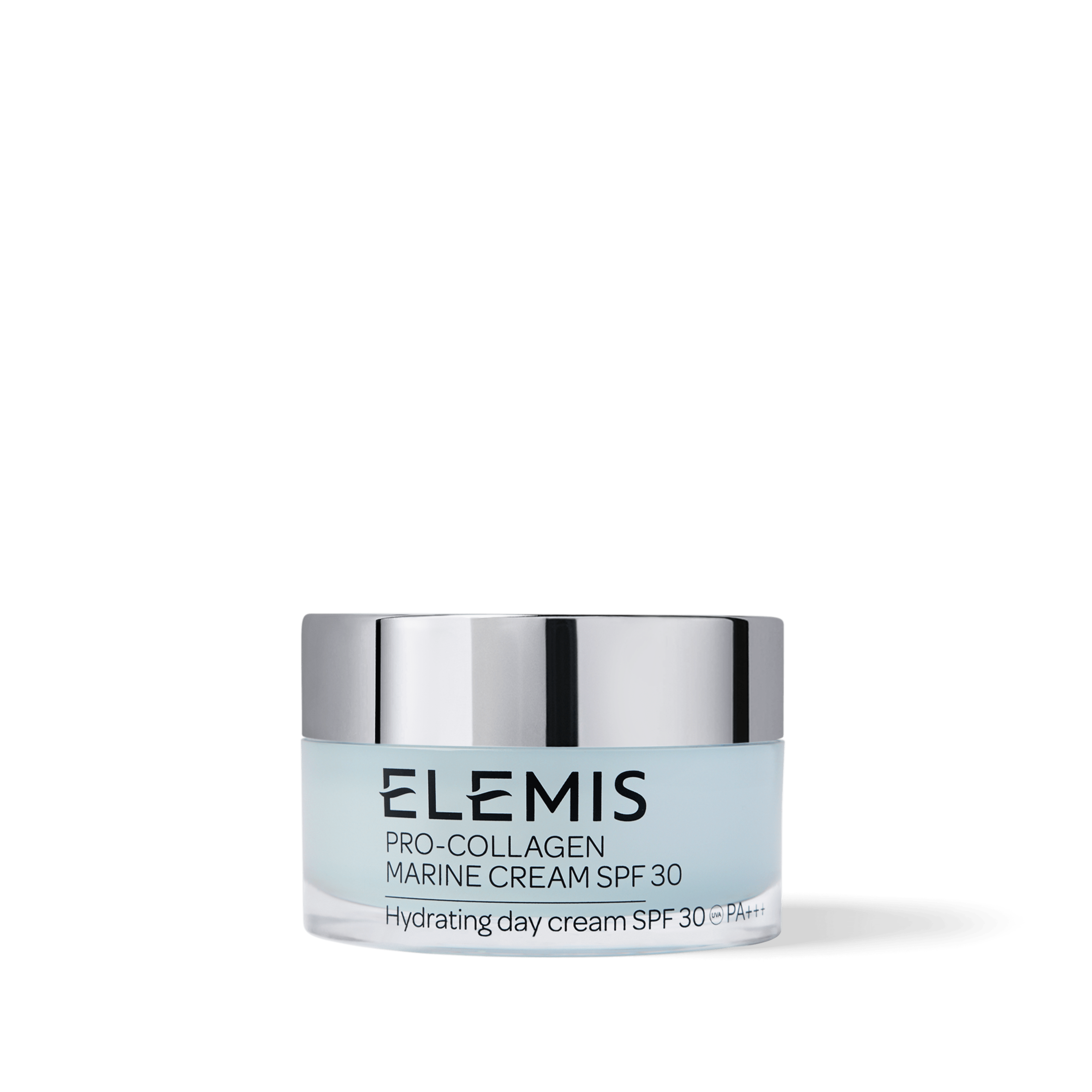 ELEMIS Pro-Collagen Marine Cream SPF 30 jar with silver lid on a plain background, labelled as a hydrating day cream with SPF 30 and PA+++ protection.