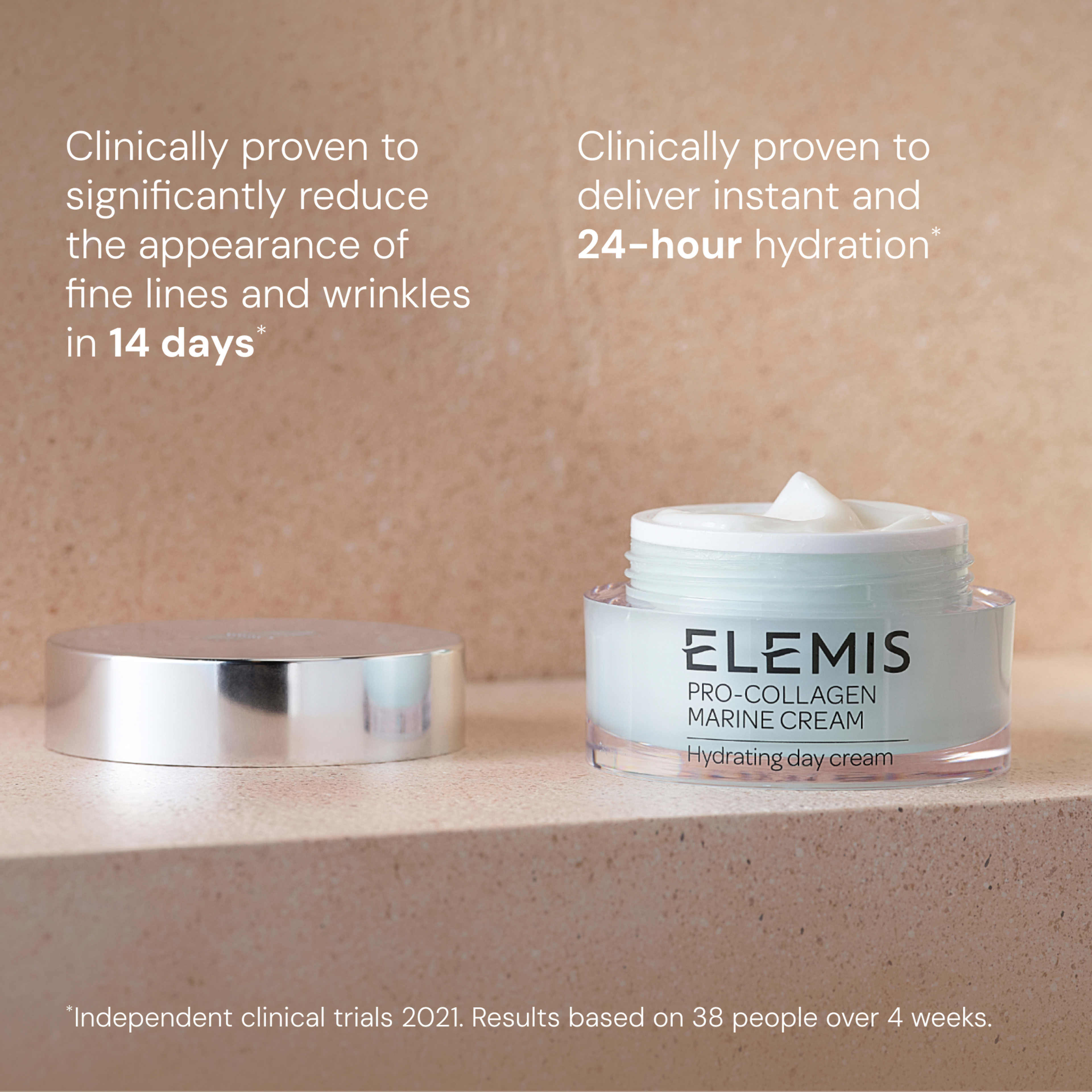 ELEMIS Pro-Collagen Marine Cream Hydrating day cream jar on a neutral surface, with text stating it is clinically proven to significantly reduce fine lines and wrinkles in 14 days and deliver instant, 24-hour hydration, based on independent clinical trials.