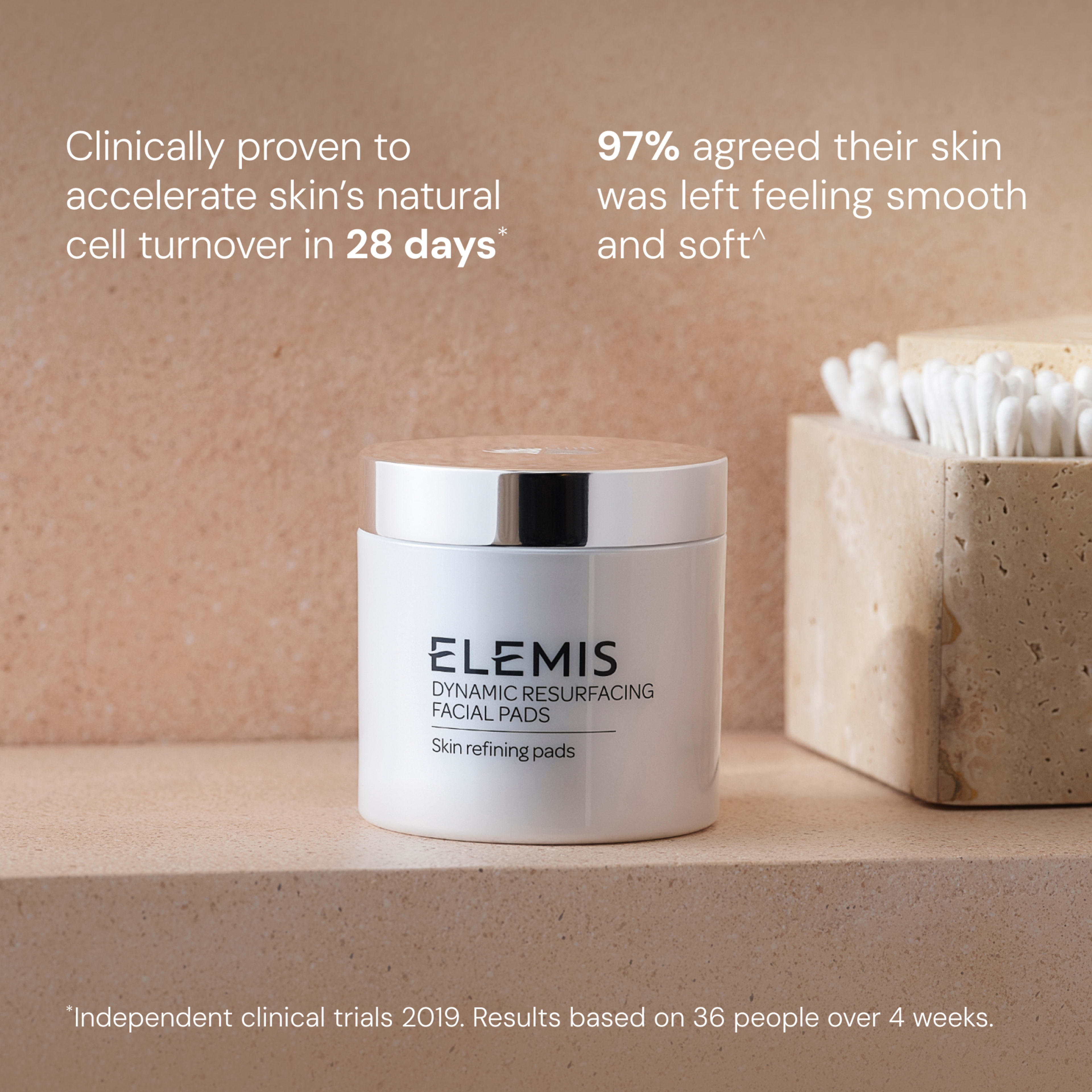 ELEMIS Dynamic Resurfacing Facial Pads jar on a bathroom shelf beside cotton buds, with text: “Clinically proven to accelerate skin’s natural cell turnover in 28 days” and “97% agreed their skin was left feeling smooth and soft”. Independent clinical trial note below.