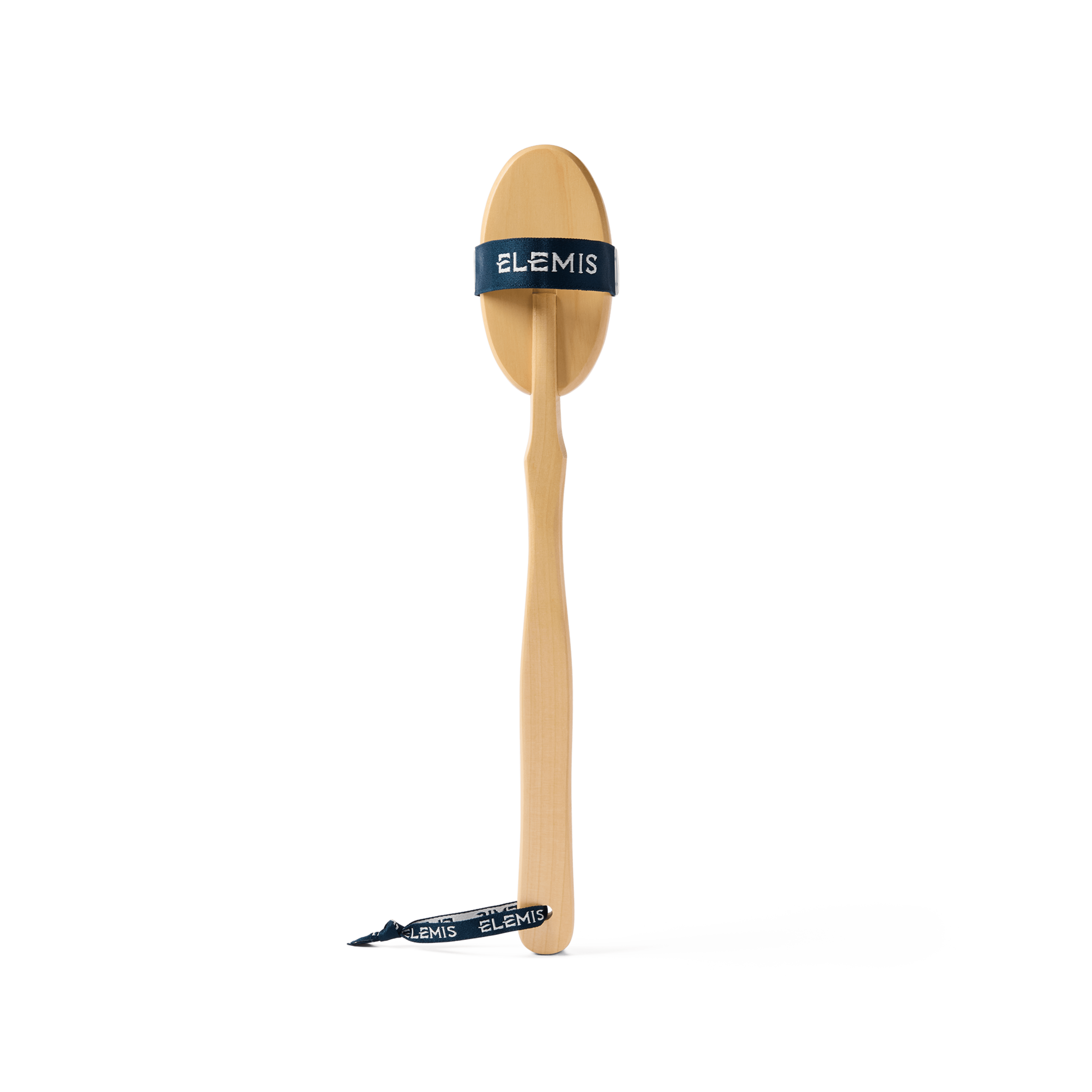 Long-handled wooden body brush with an oval head, navy hand strap printed with ELEMIS, and a slim handle ending in a hanging loop with a small ELEMIS-branded tag, shown on a white background.