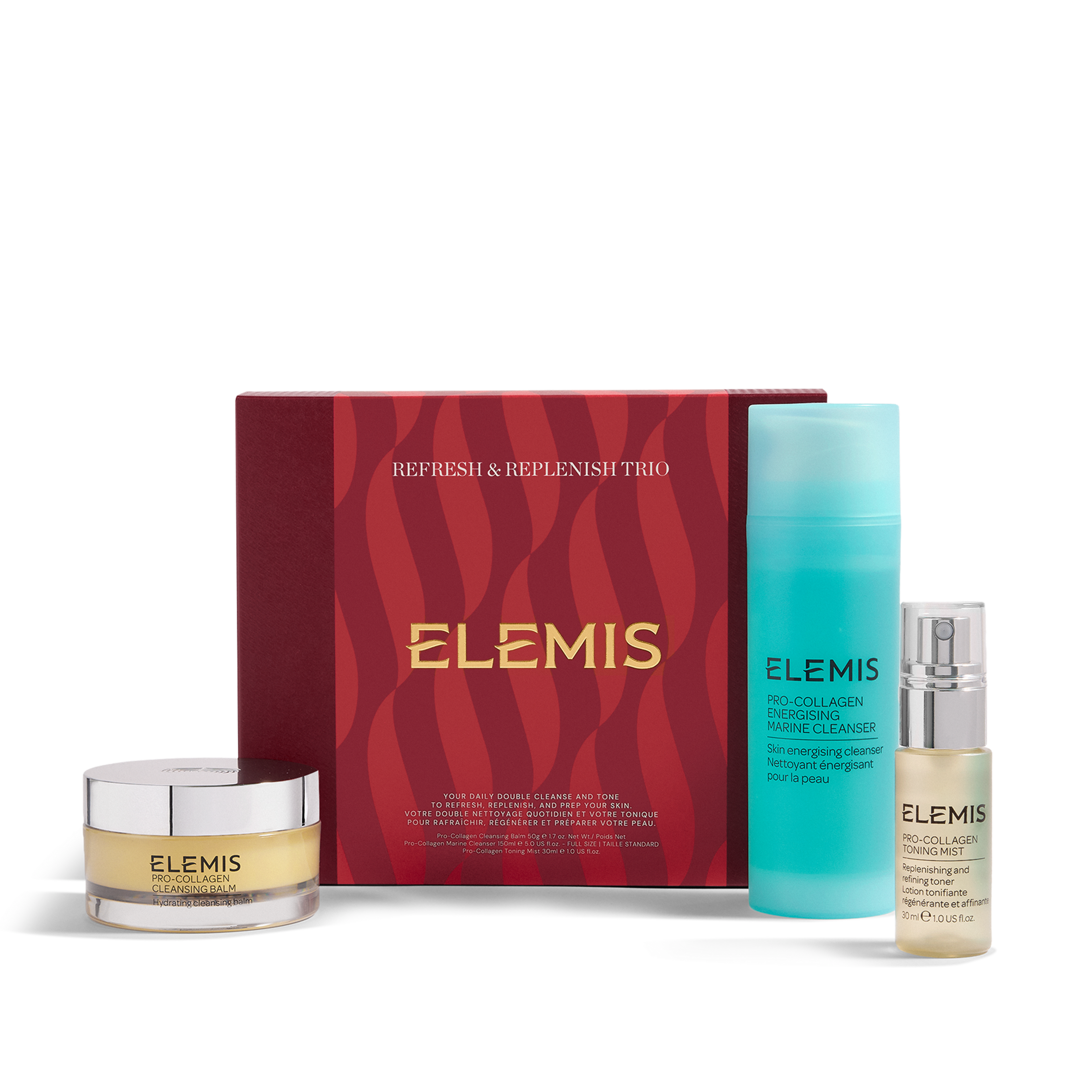 ELEMIS Refresh & Replenish Trio gift set featuring a red box with gold ELEMIS logo, Pro-Collagen Energising Marine Cleanser, Pro-Collagen Overnight Matrix cream and Pro-Collagen Renewal Serum arranged in front.