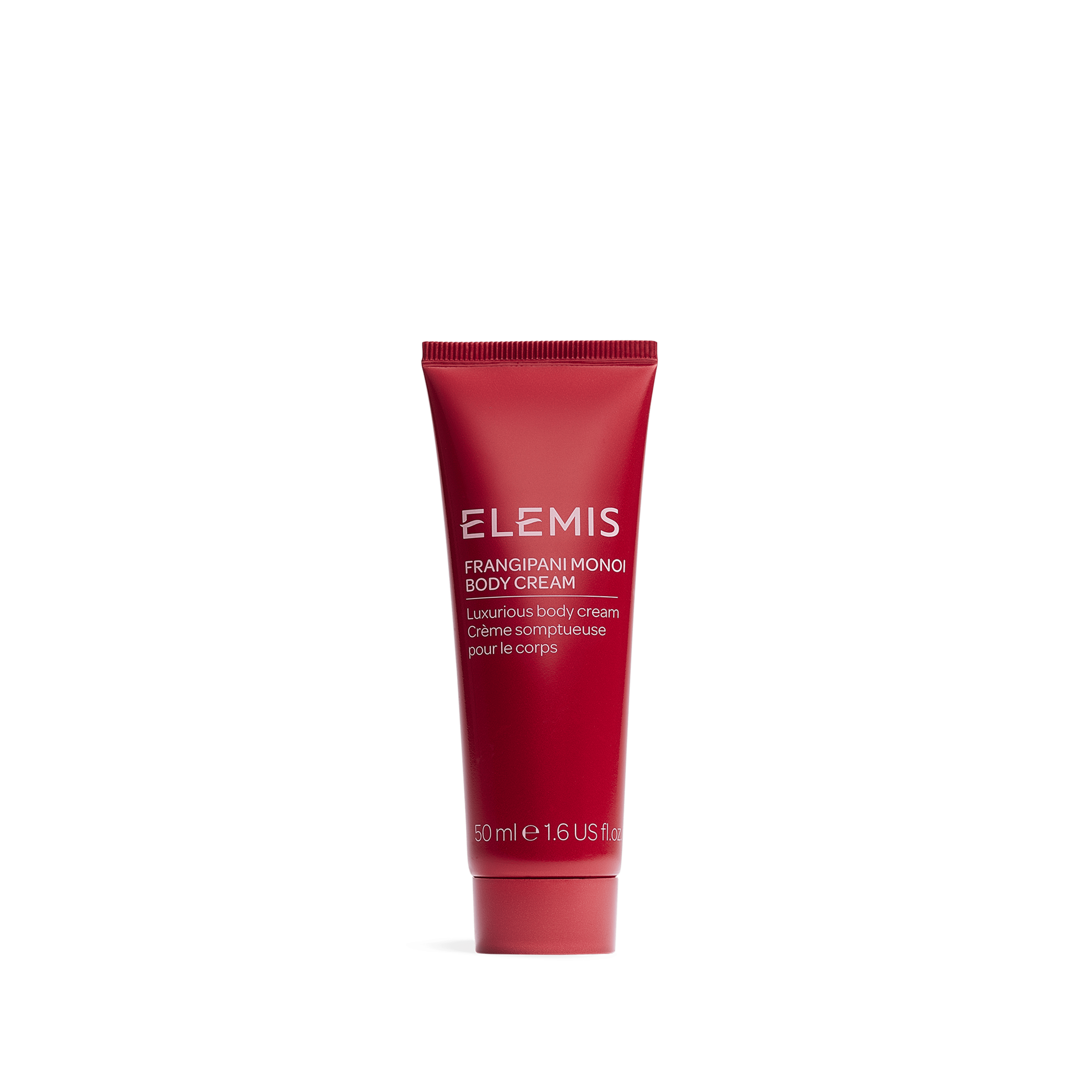 ELEMIS Frangipani Monoi Body Cream in a red 50ml tube, shown standing upright against a plain background.