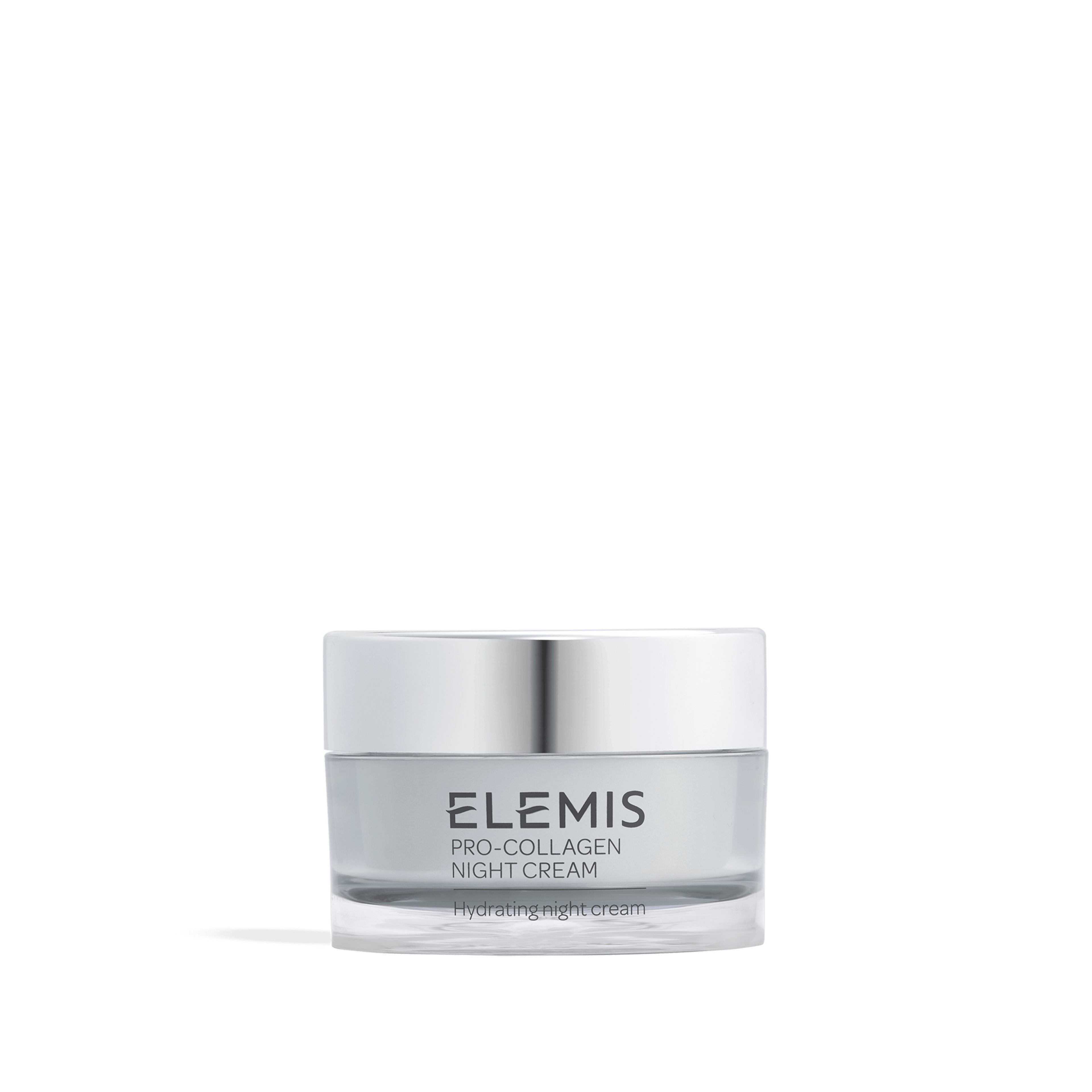 ELEMIS Pro-Collagen Night Cream jar with silver lid on a plain background, labelled as a hydrating night cream.