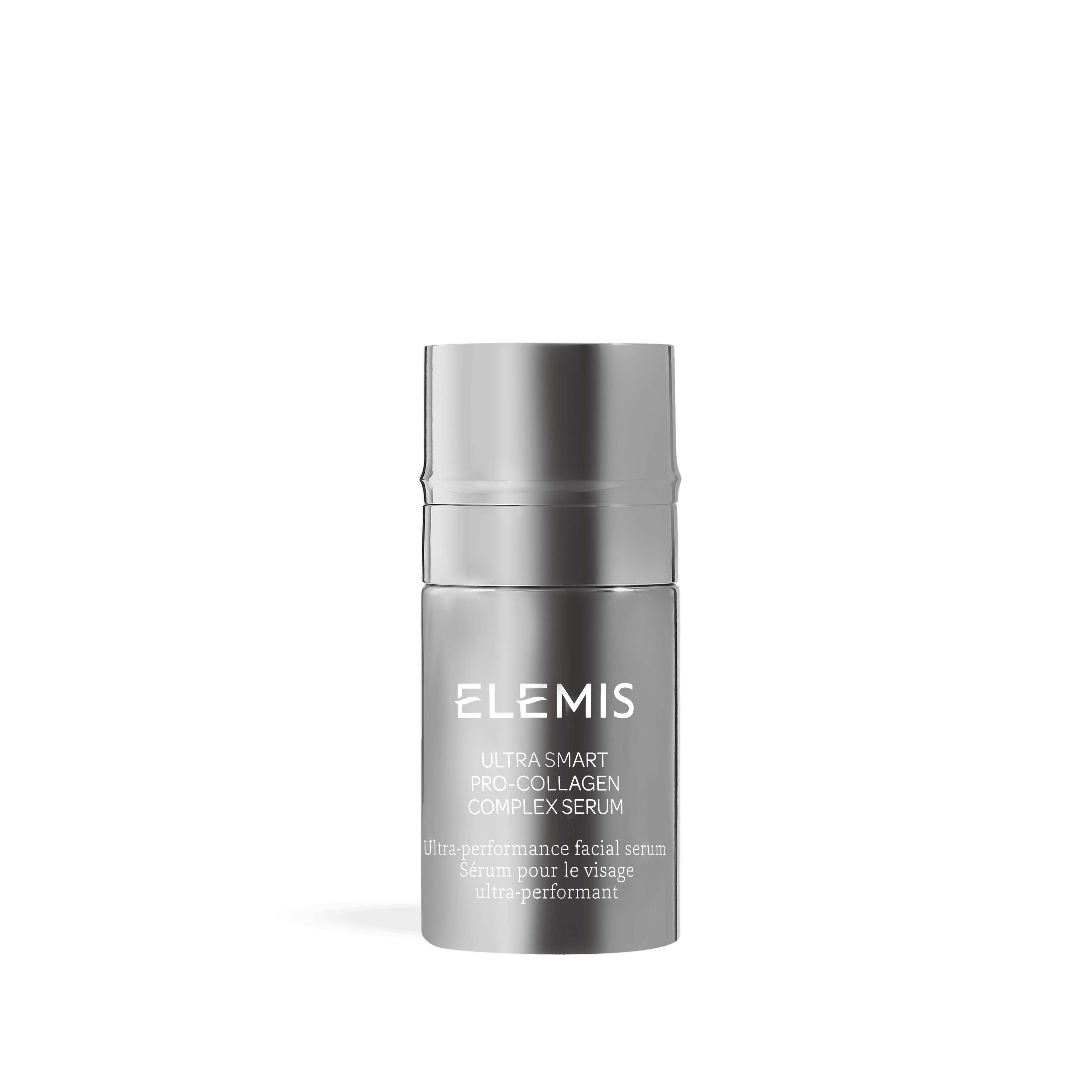 ELEMIS Ultra Smart Pro-Collagen Complex Serum in a sleek silver cylindrical pump bottle, shown standing upright against a plain background.