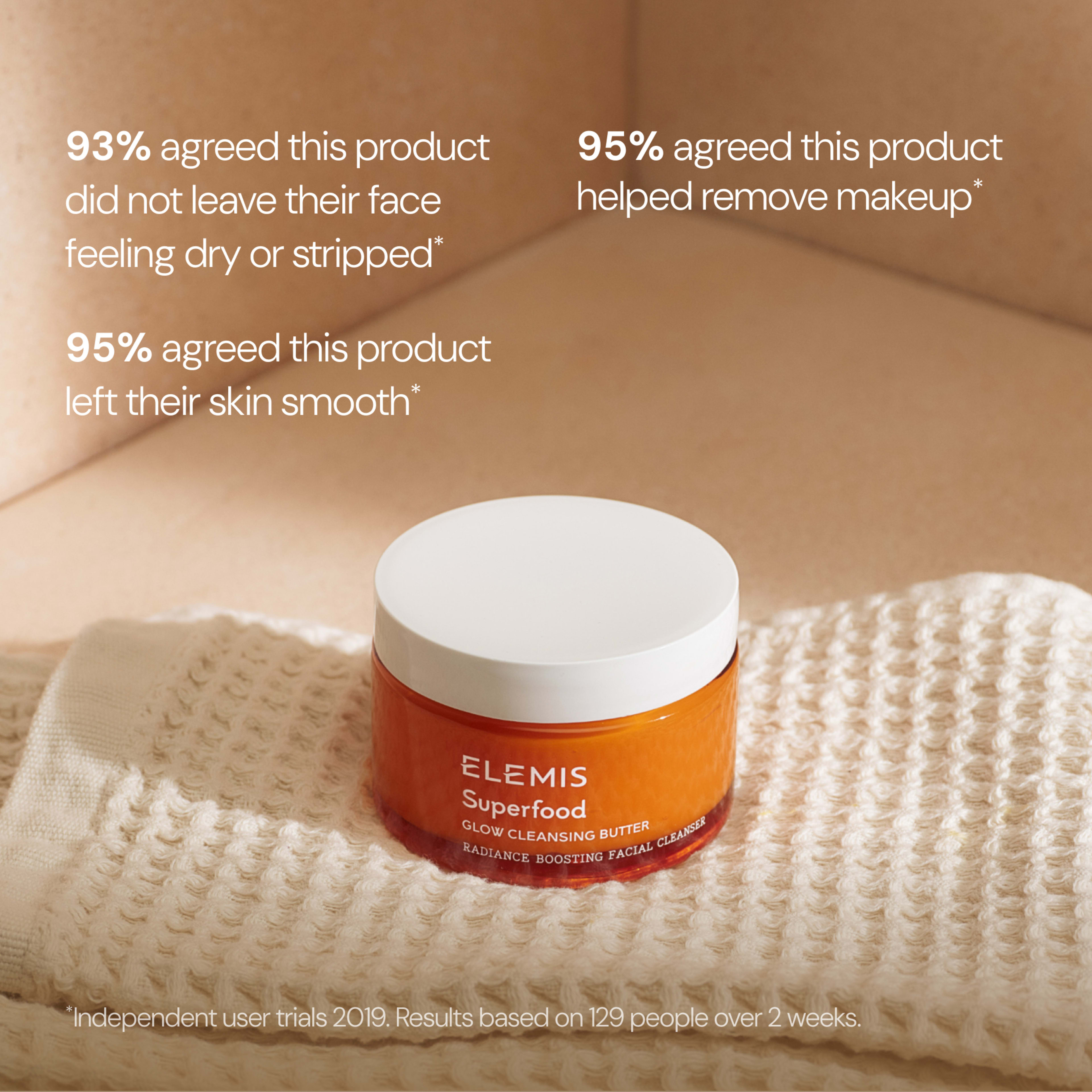 ELEMIS Superfood Glow Cleansing Butter jar on a textured cloth, with text stating: 93% agreed it did not leave their face feeling dry or stripped, 95% agreed it helped remove makeup, and 95% agreed it left their skin smooth, from a 2019 user trial.