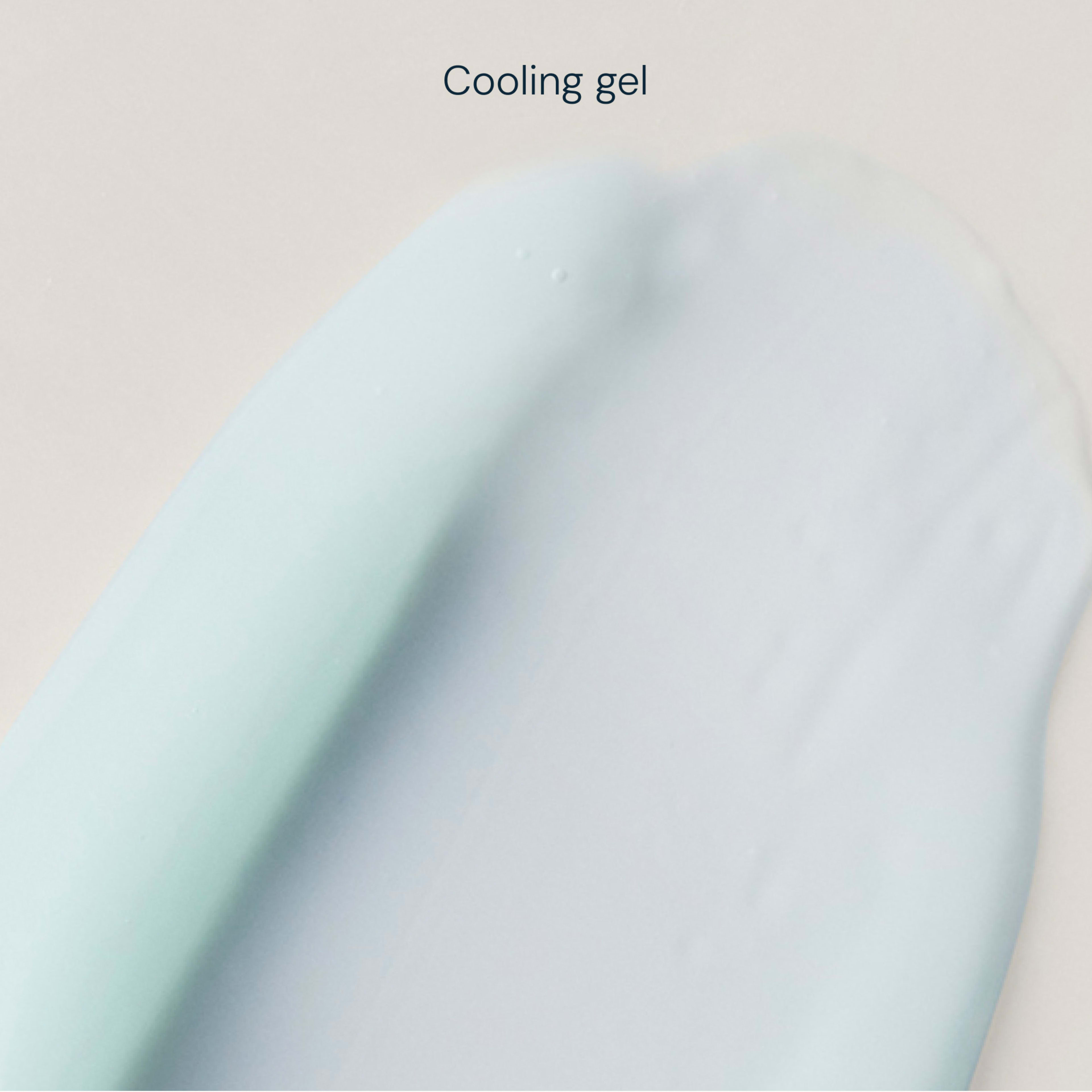 Pale blue cooling gel swatch spread across a neutral background, with the text "Cooling gel" above.